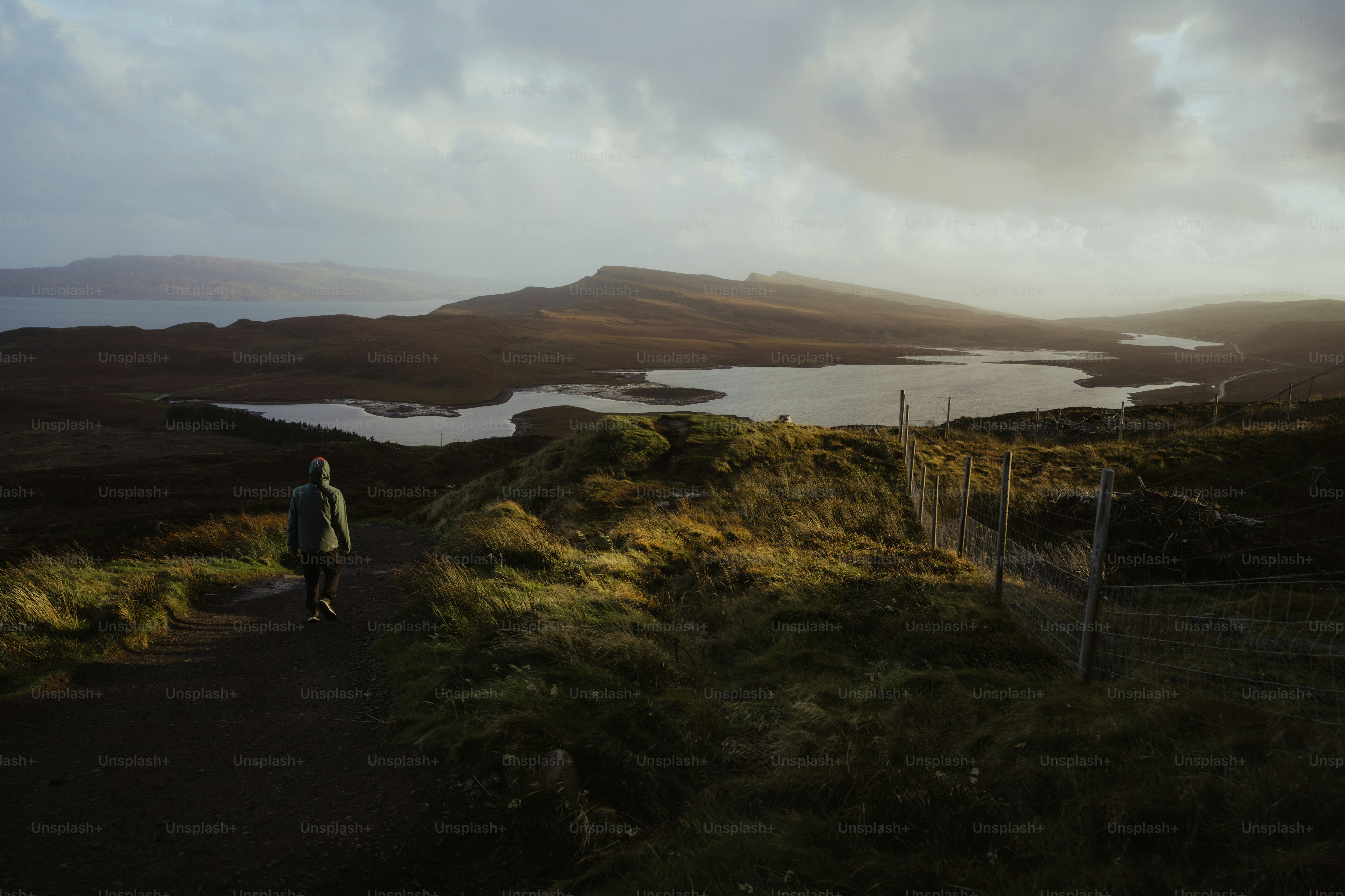 A person walking down a path near a lake