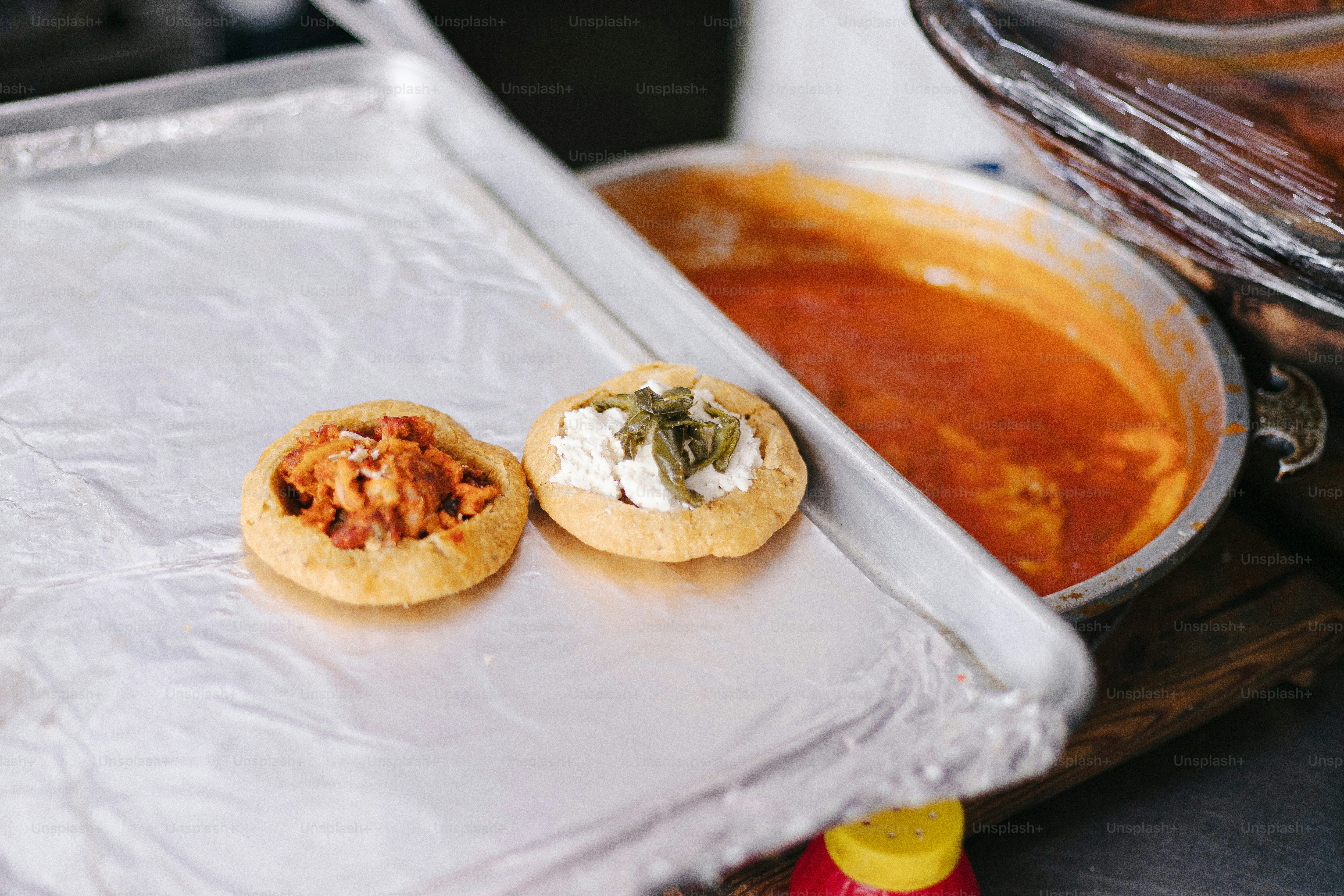 A tray of food sitting on top of a table