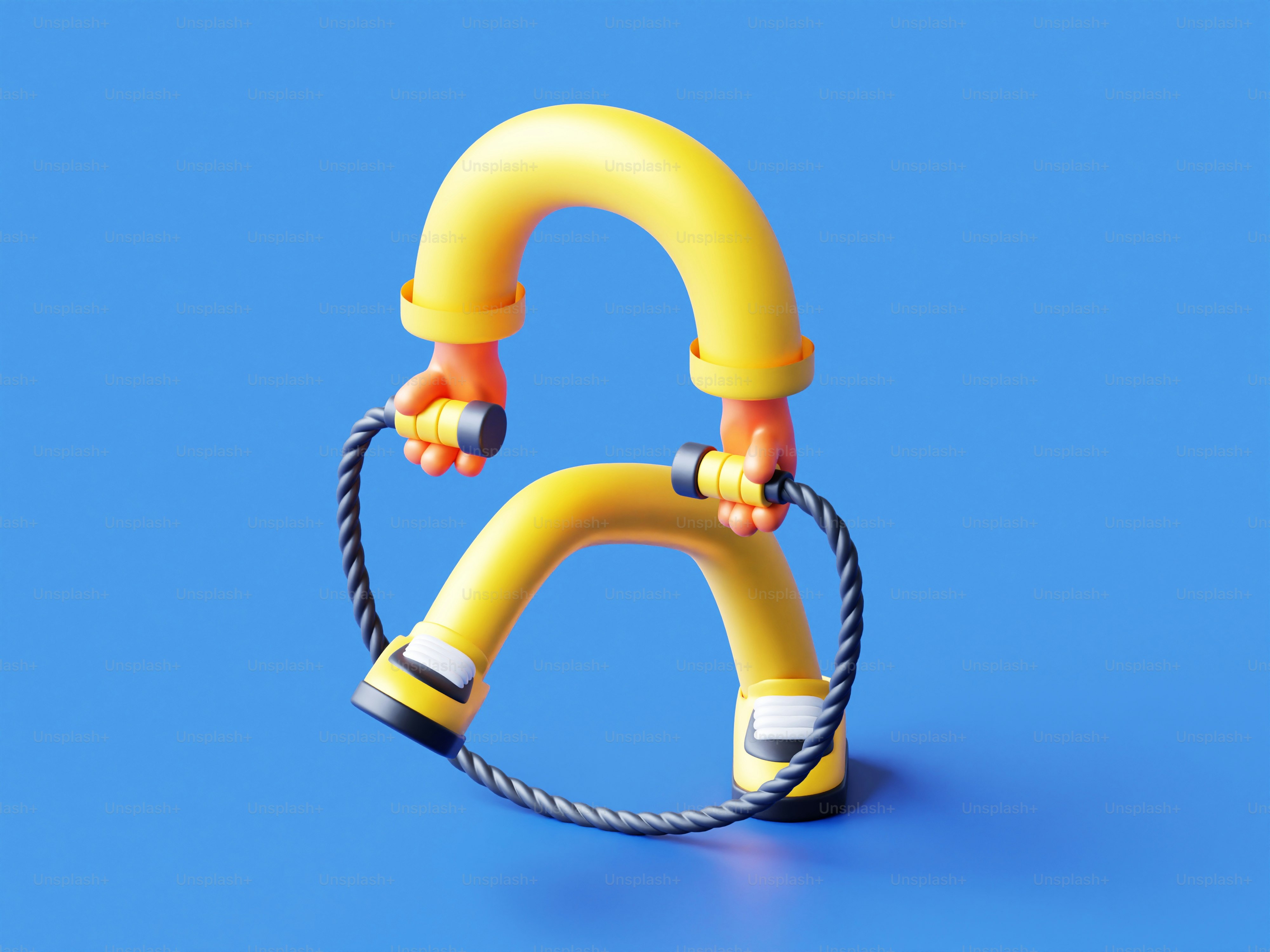 A yellow object with a rope around it on a blue background