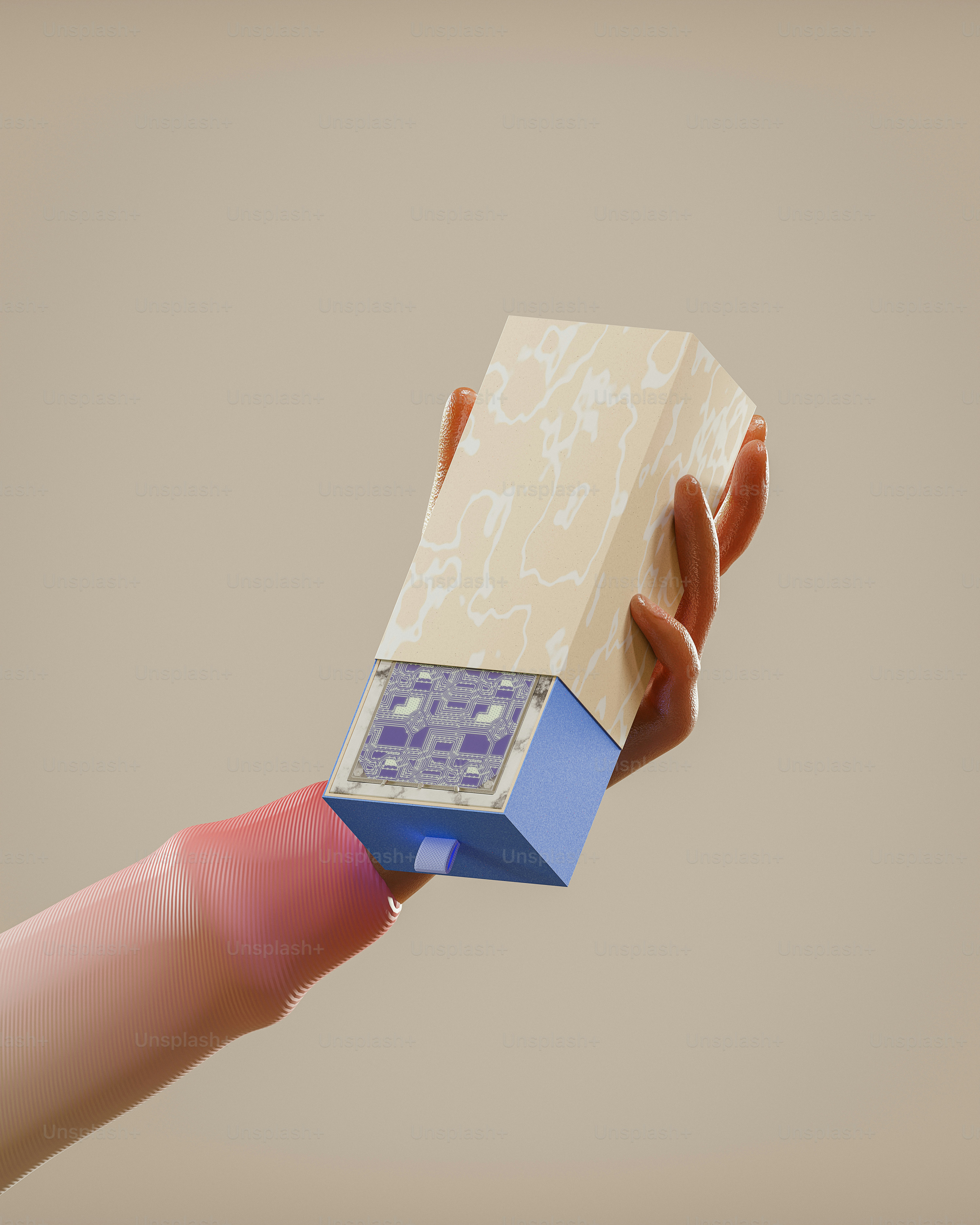 A hand holding a cardboard box with a clock on it