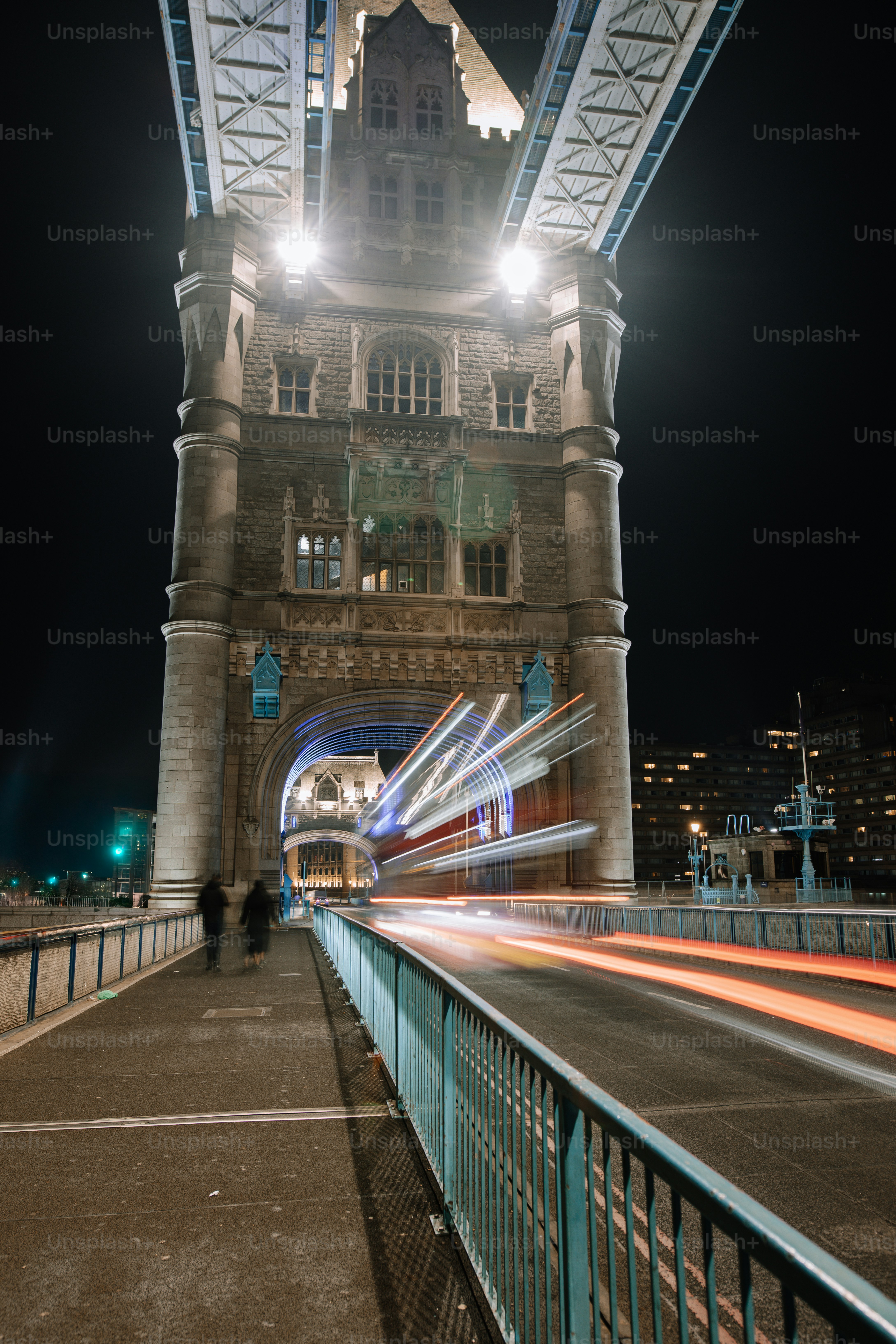 A long exposure shot of a bridge at night