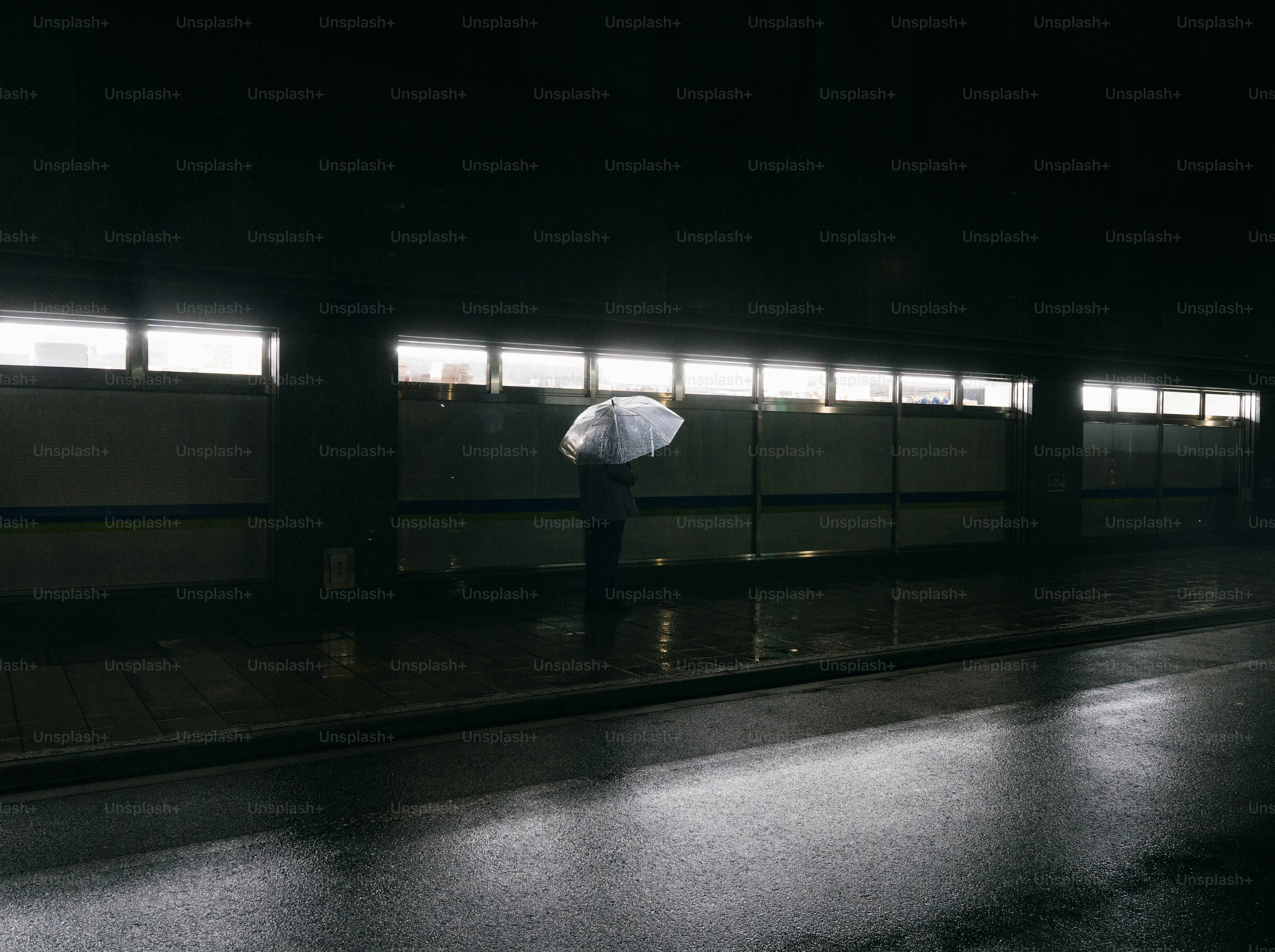 A person with an umbrella standing in the rain