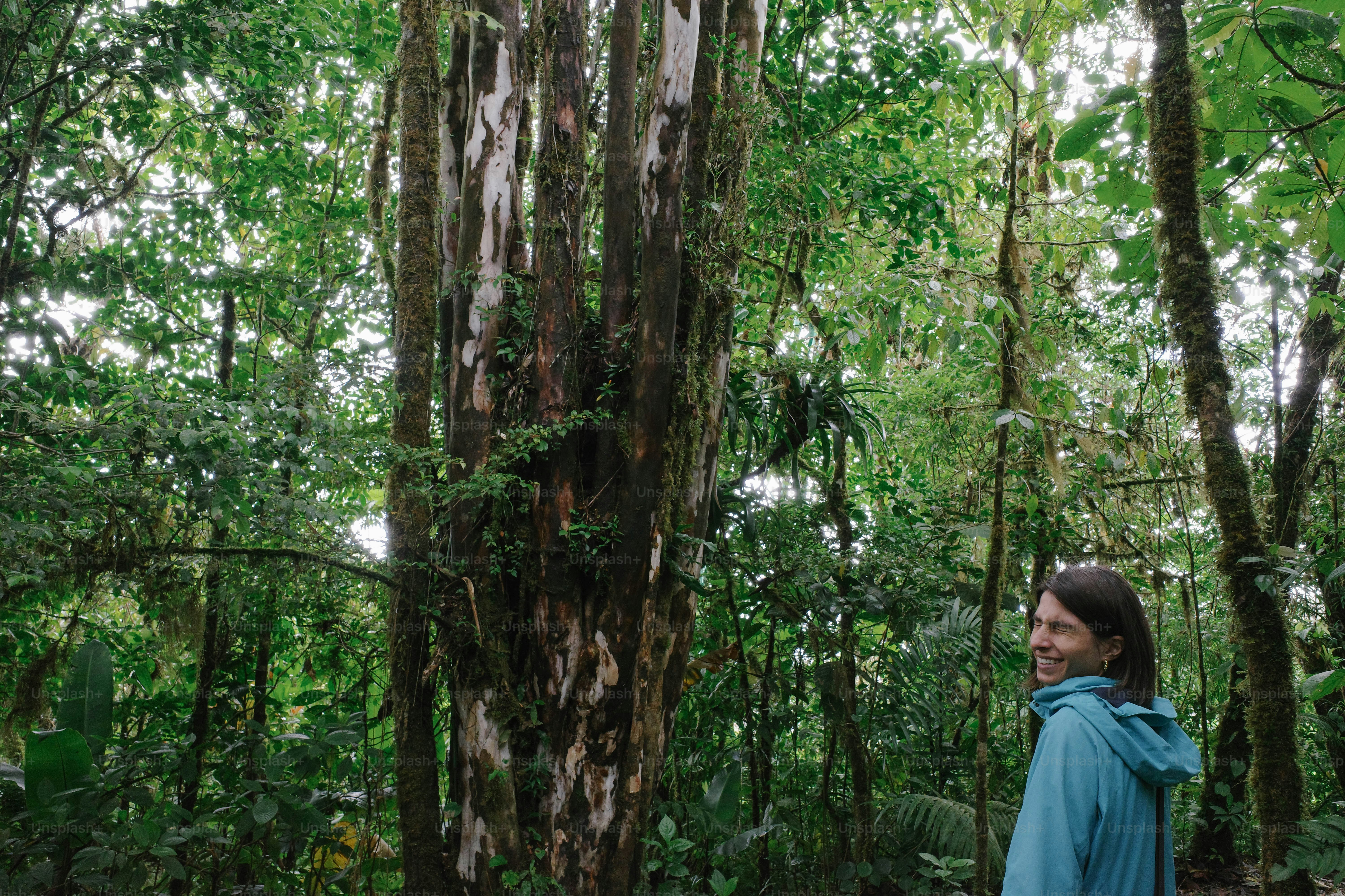 A woman standing in the middle of a forest