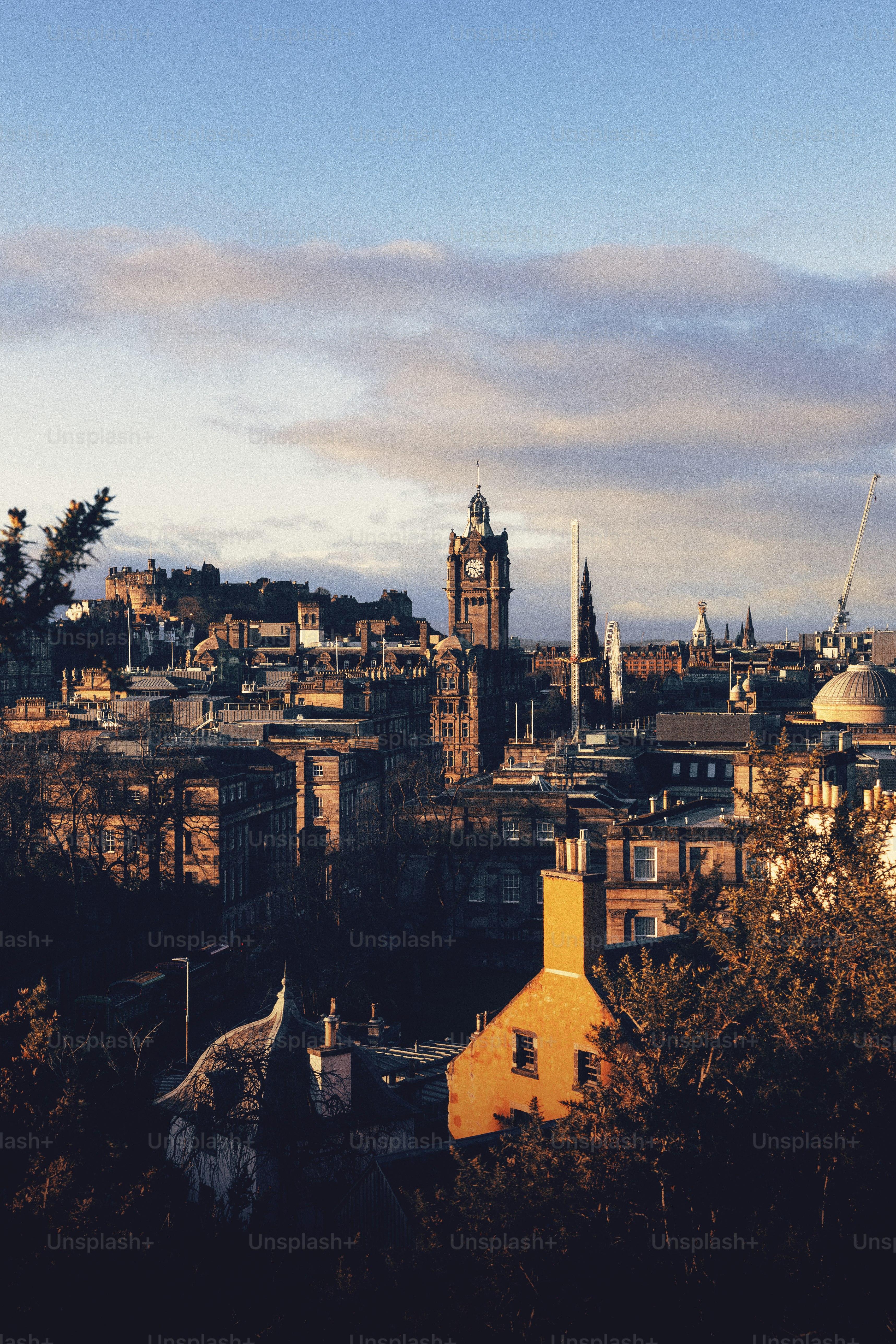 A view of a city with a clock tower