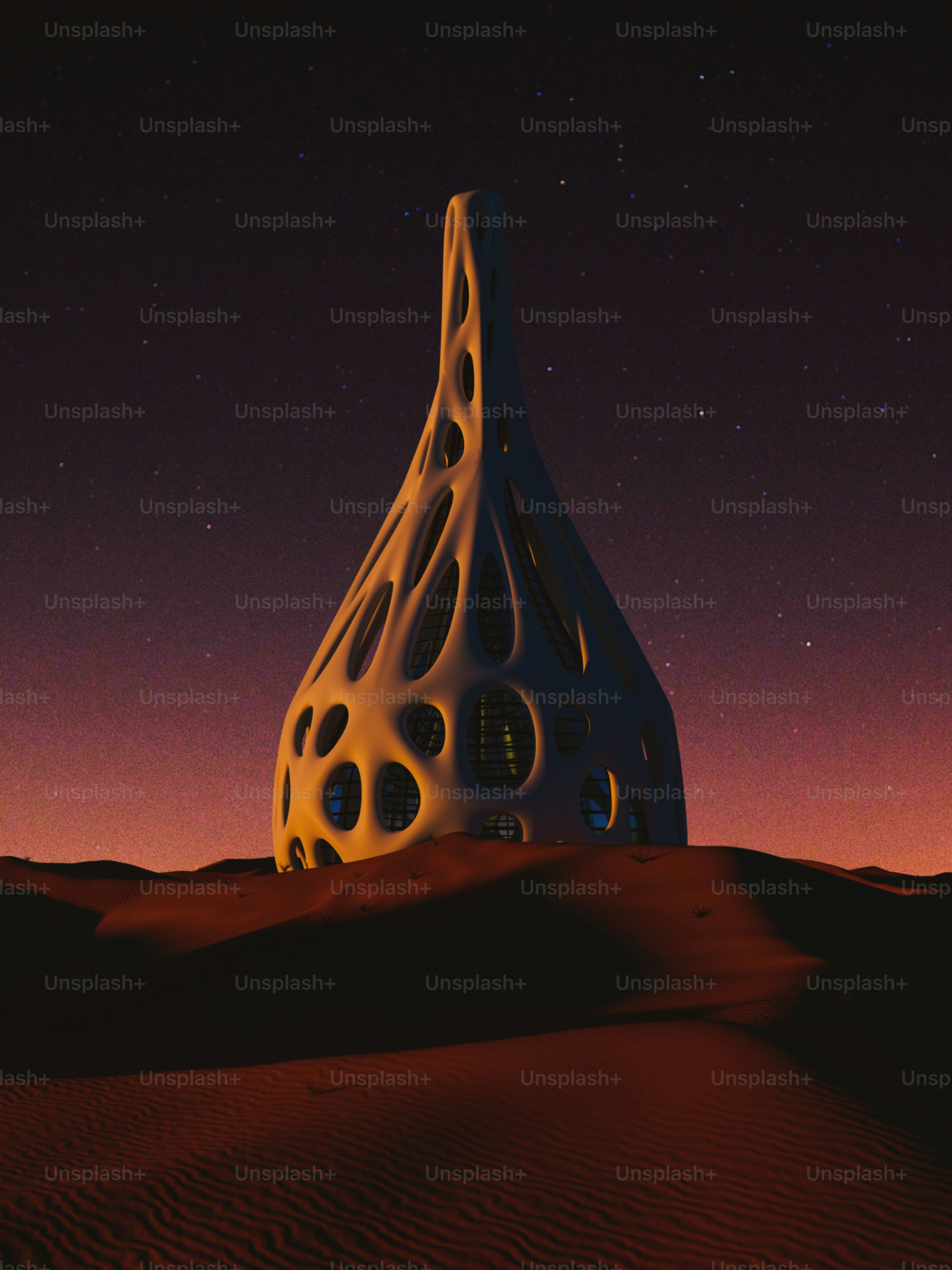 A strange building in the middle of a desert