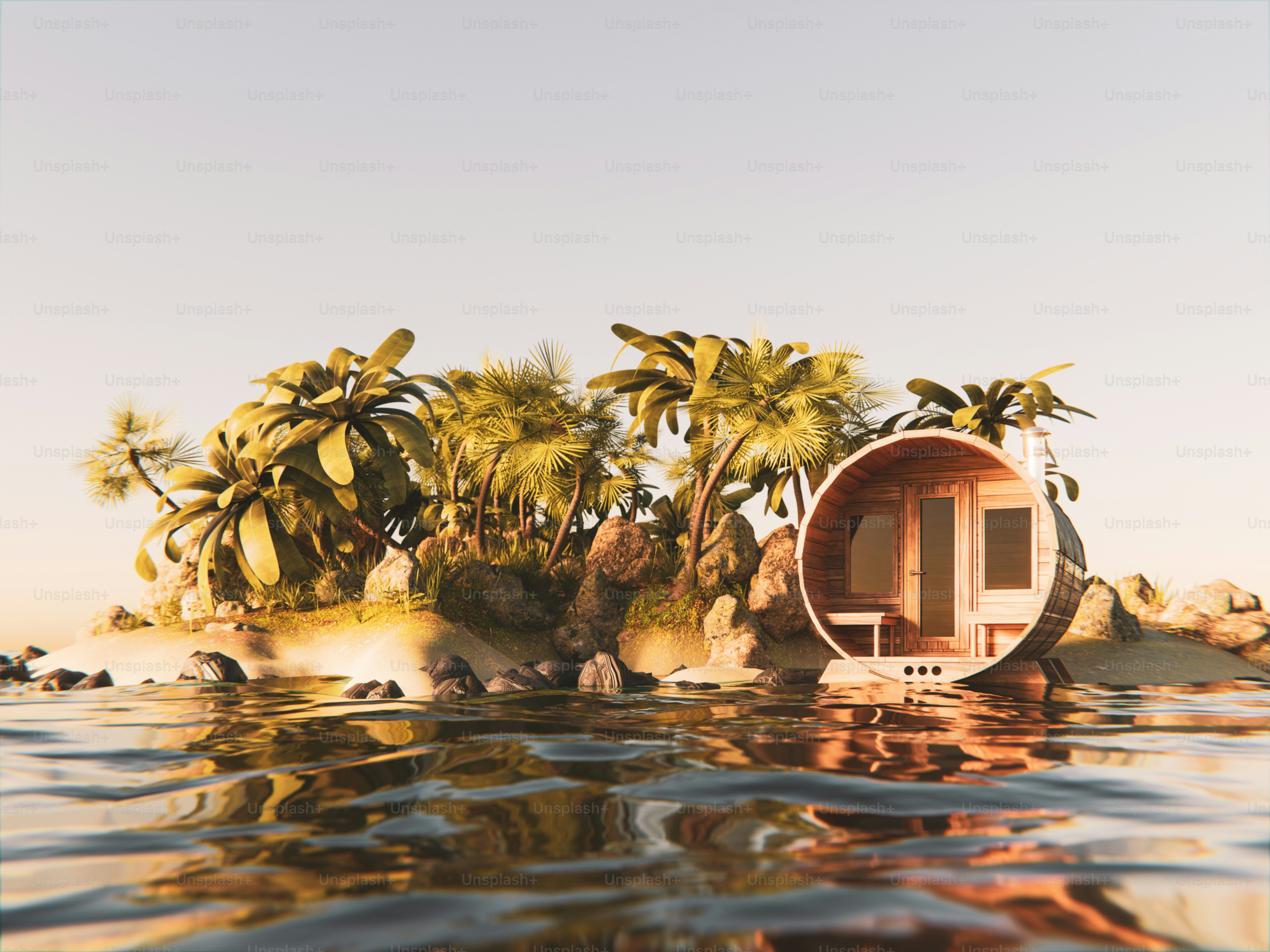 A floating house in the middle of a body of water