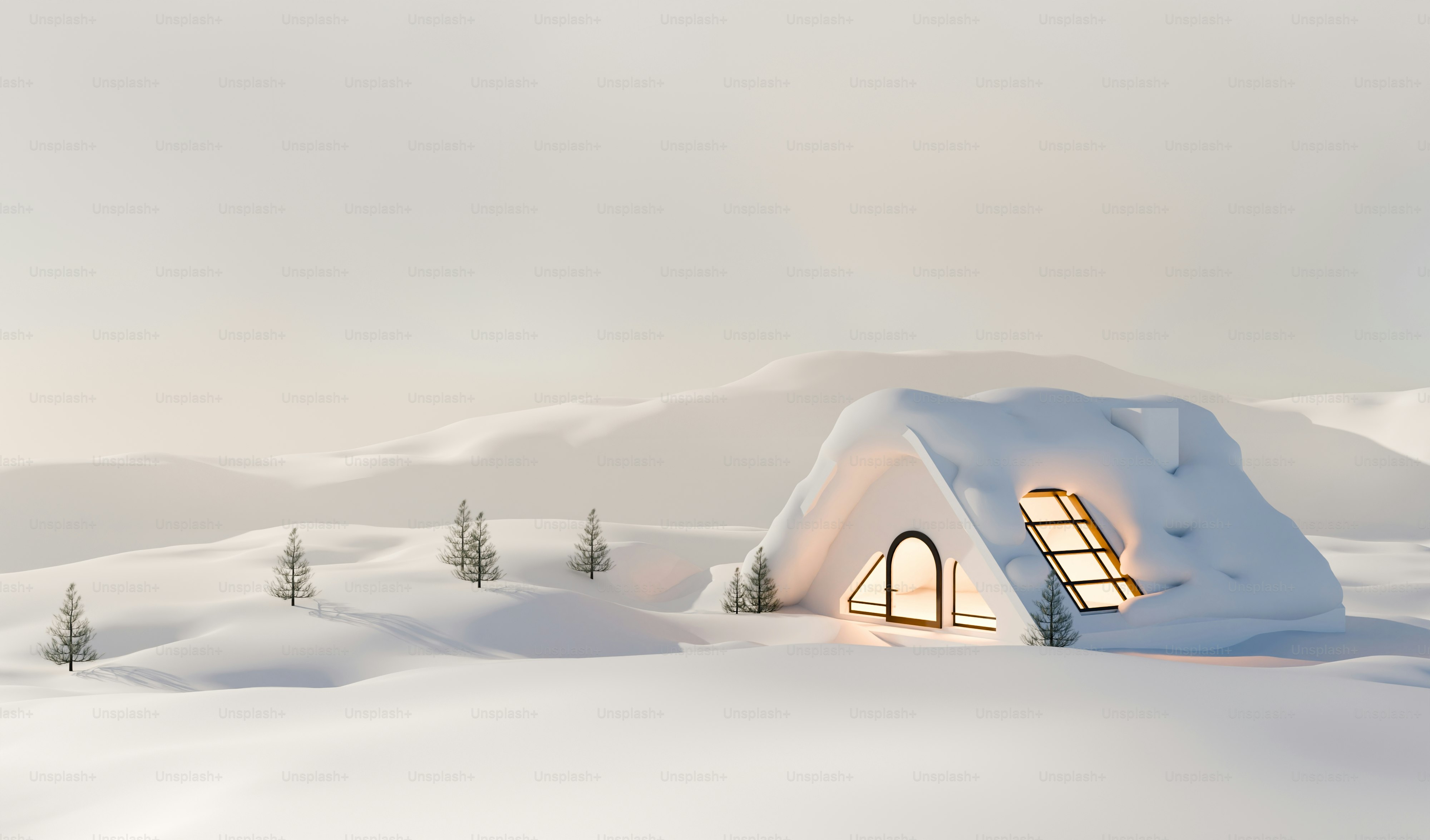 A small house in the middle of a snowy field