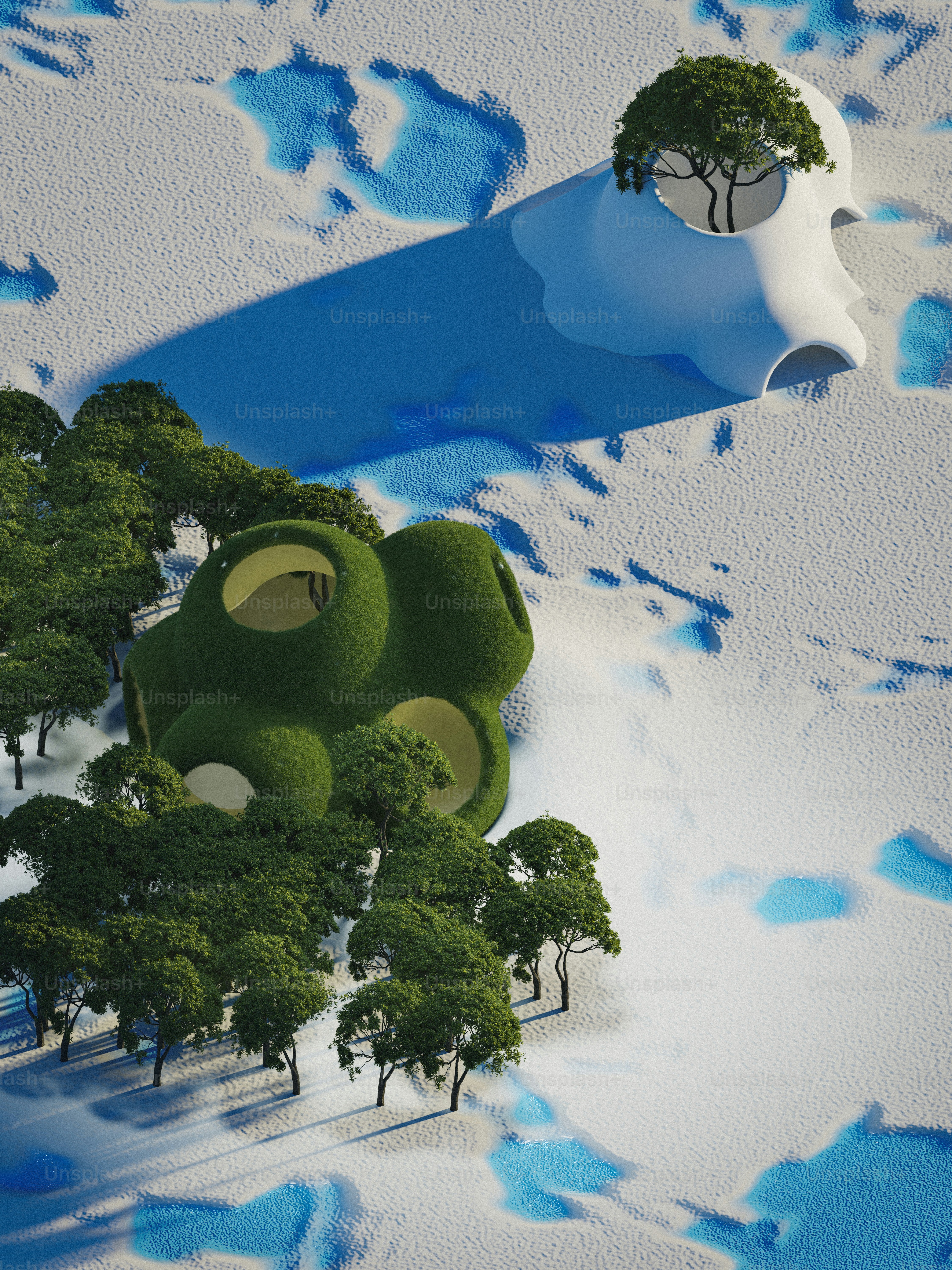 A group of trees in the middle of a snow covered field