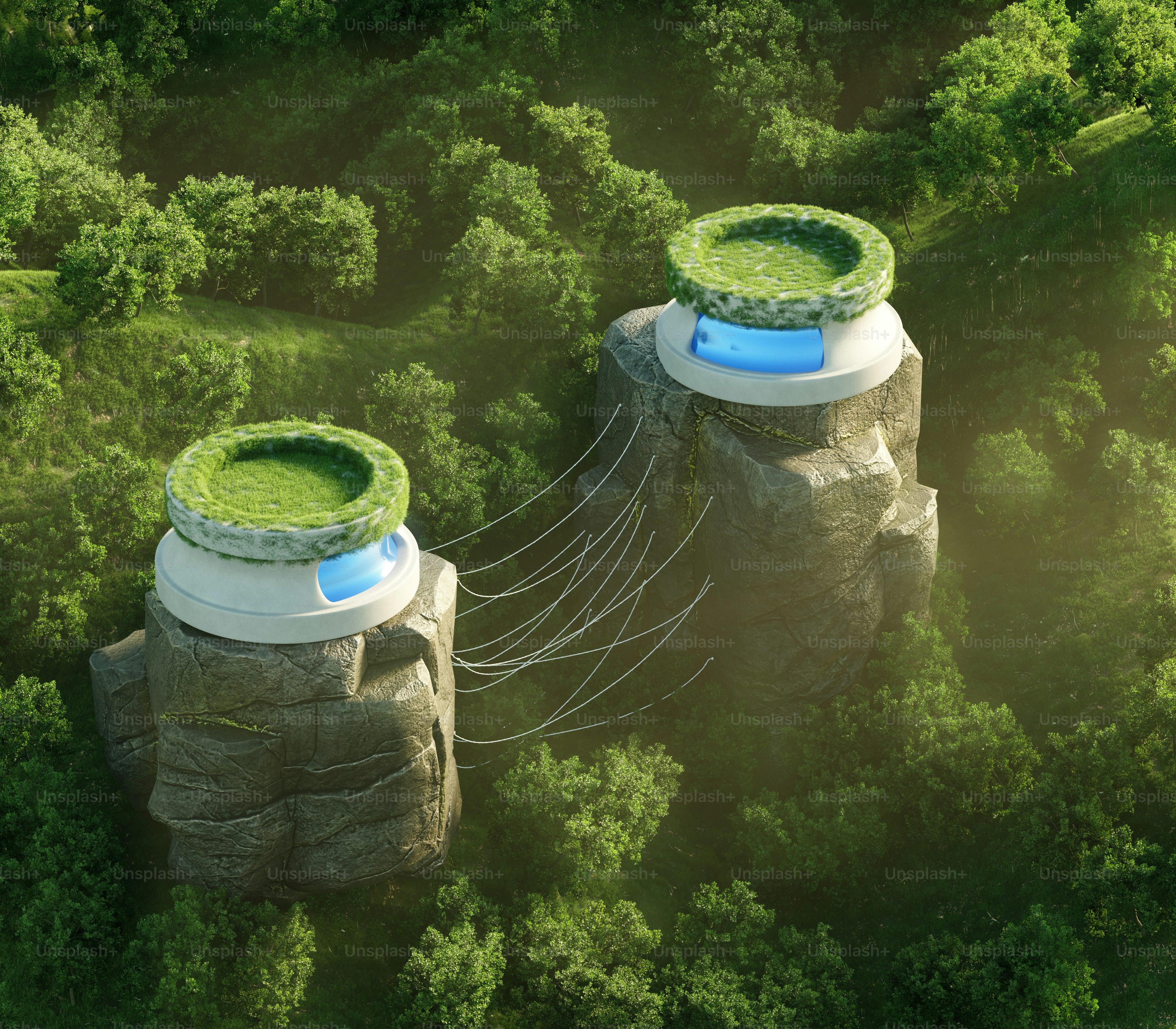 An aerial view of two towers in the middle of a forest