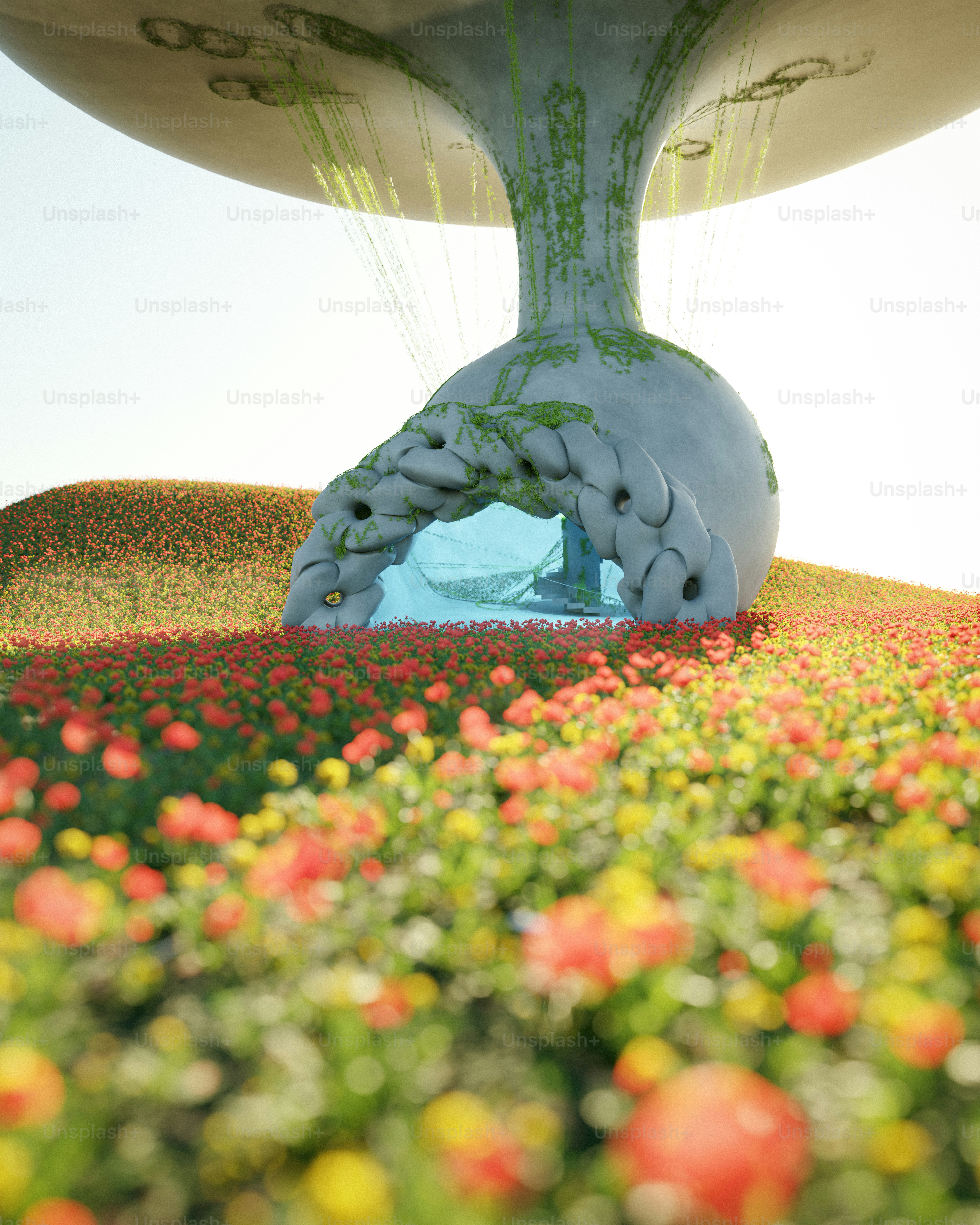 A field of flowers with a sculpture in the background