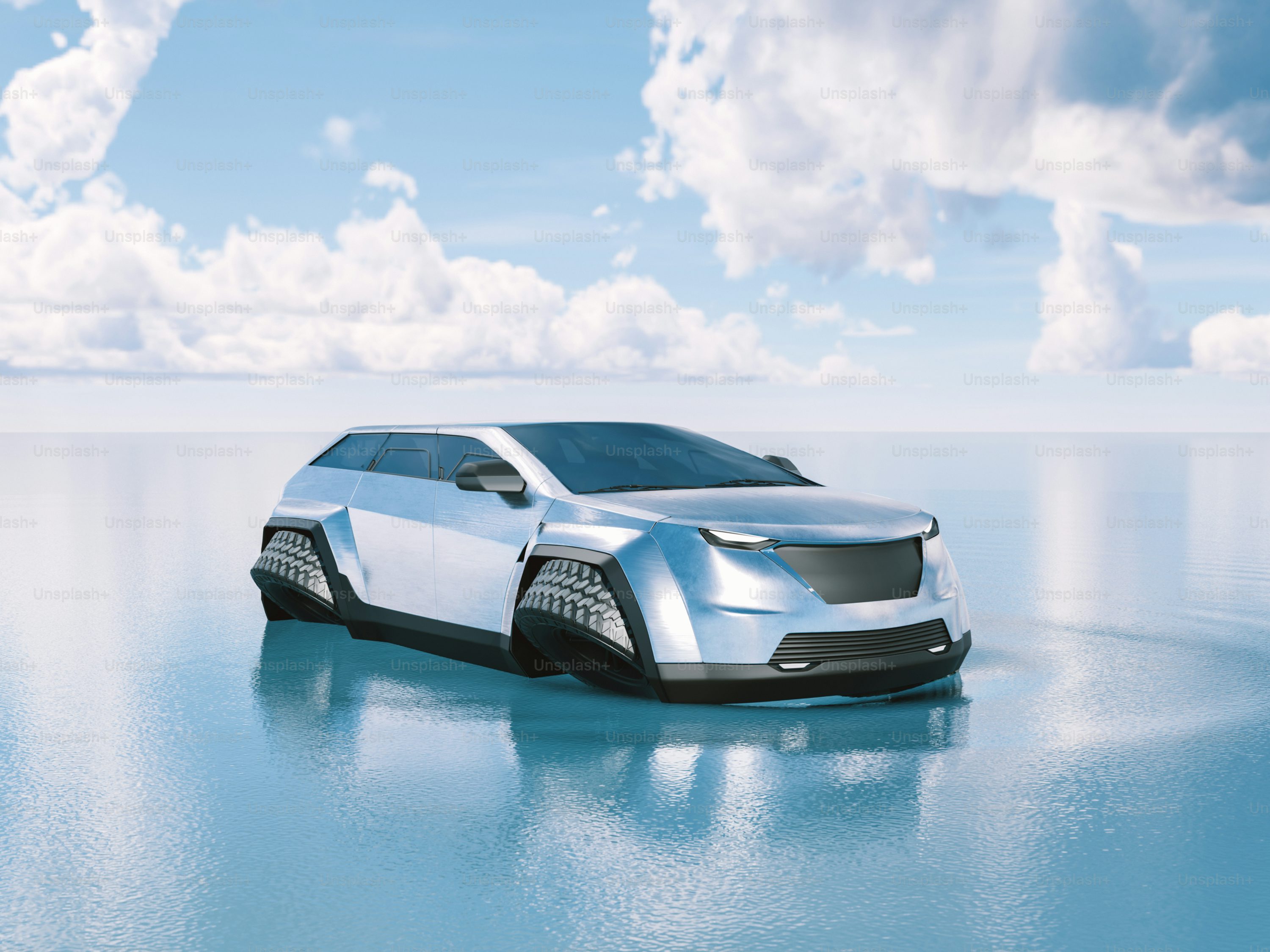 A futuristic car sitting on top of a body of water