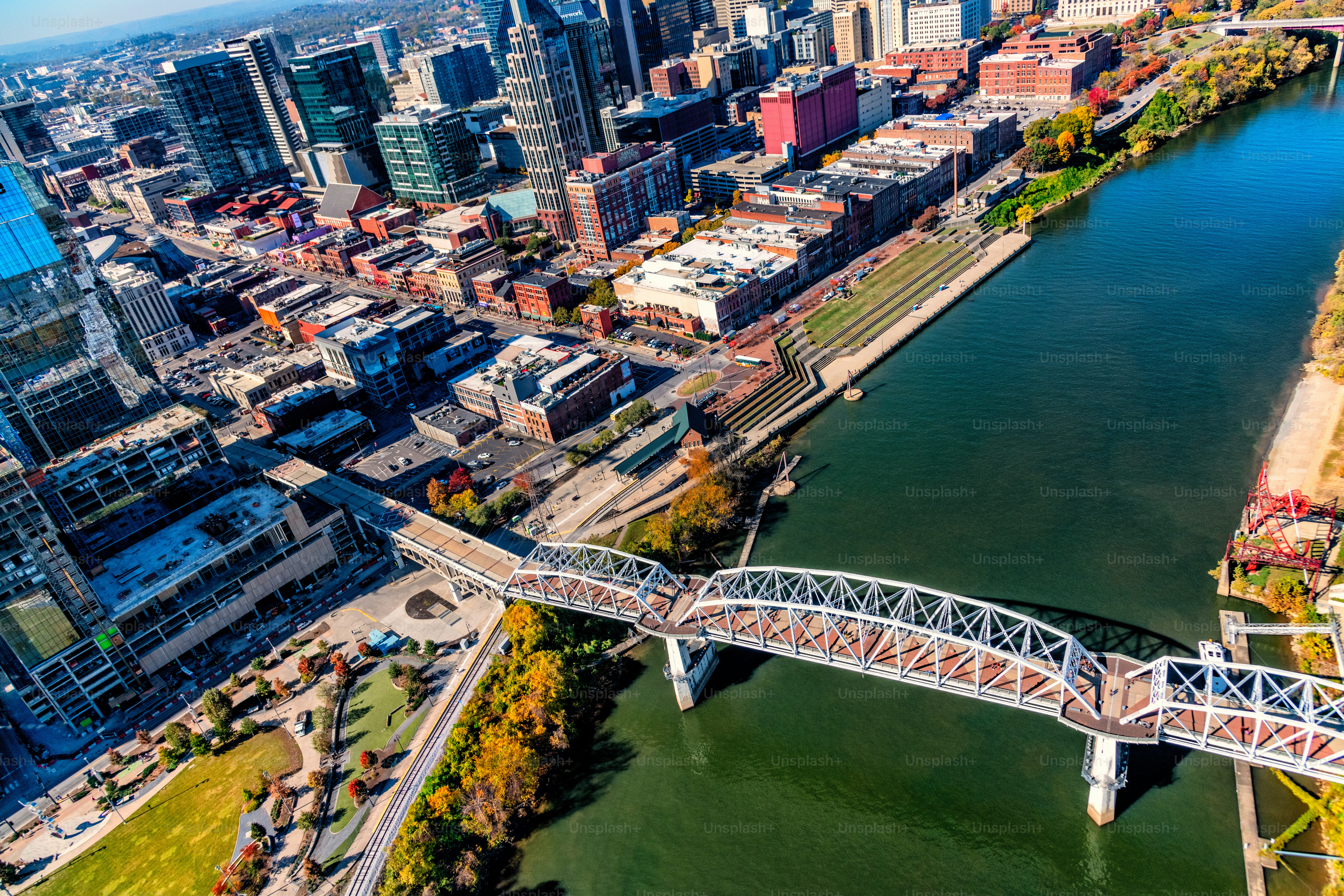 The Nashville pedestrian bridge over the Cumberland River in downtown Nashville, Tennessee shot from about 800 feet directly overhead.