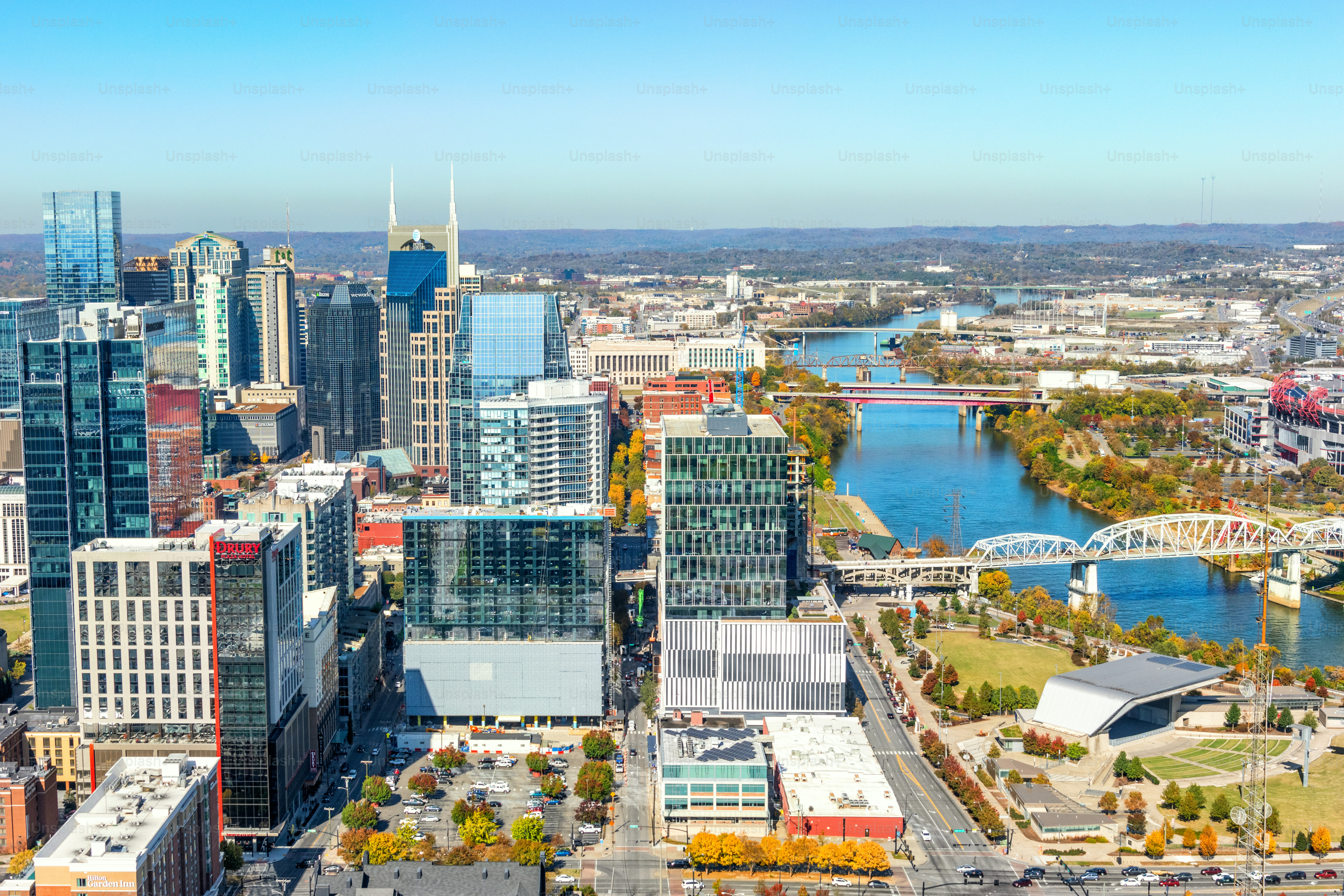 The skyline of beautiful Nashville, Tennessee, known as "Music City" along the banks of the Cumberland River.