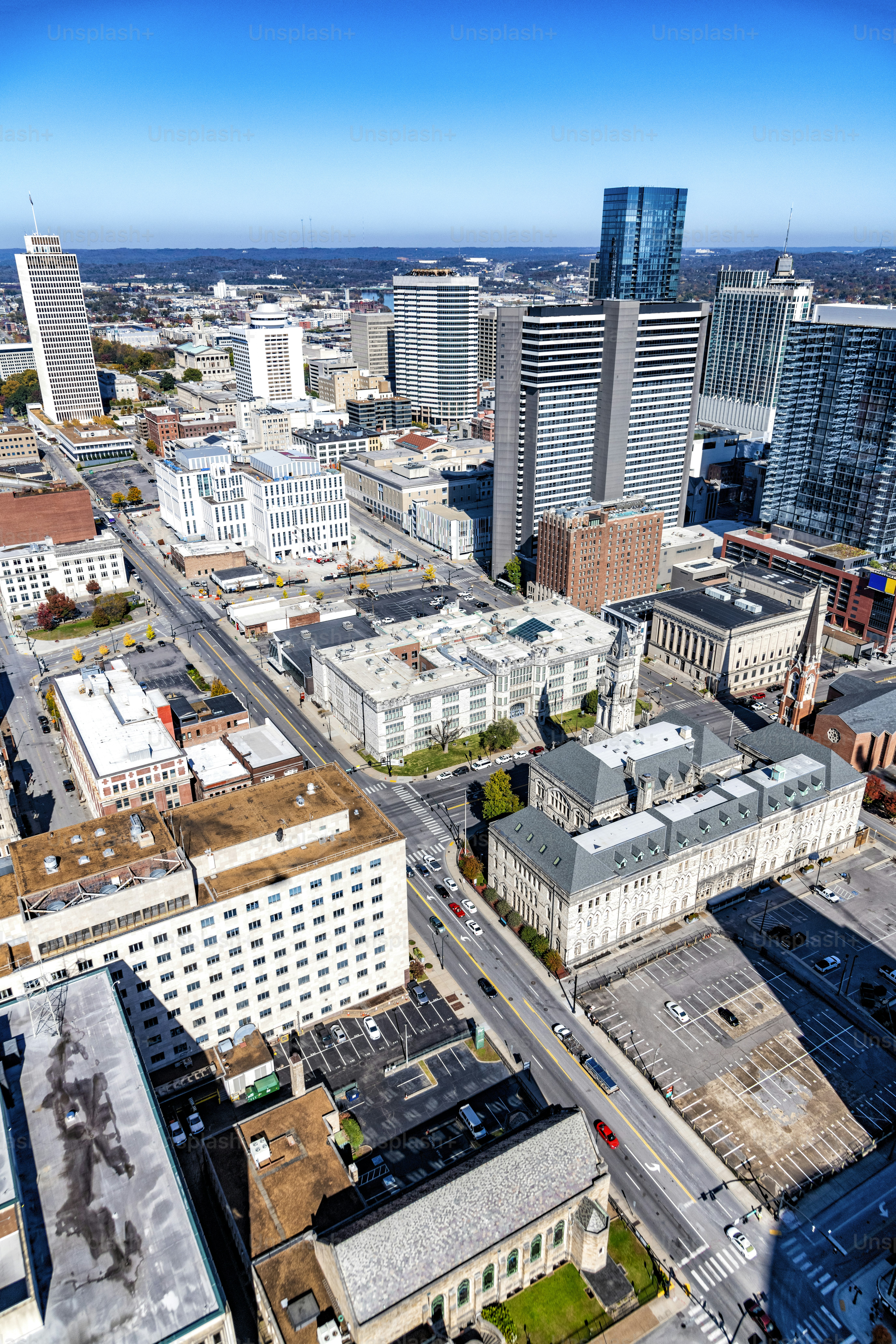 Downtown Nashville, Tennessee, known as "Music City" shot from about 800 feet in altitude directly over the city.