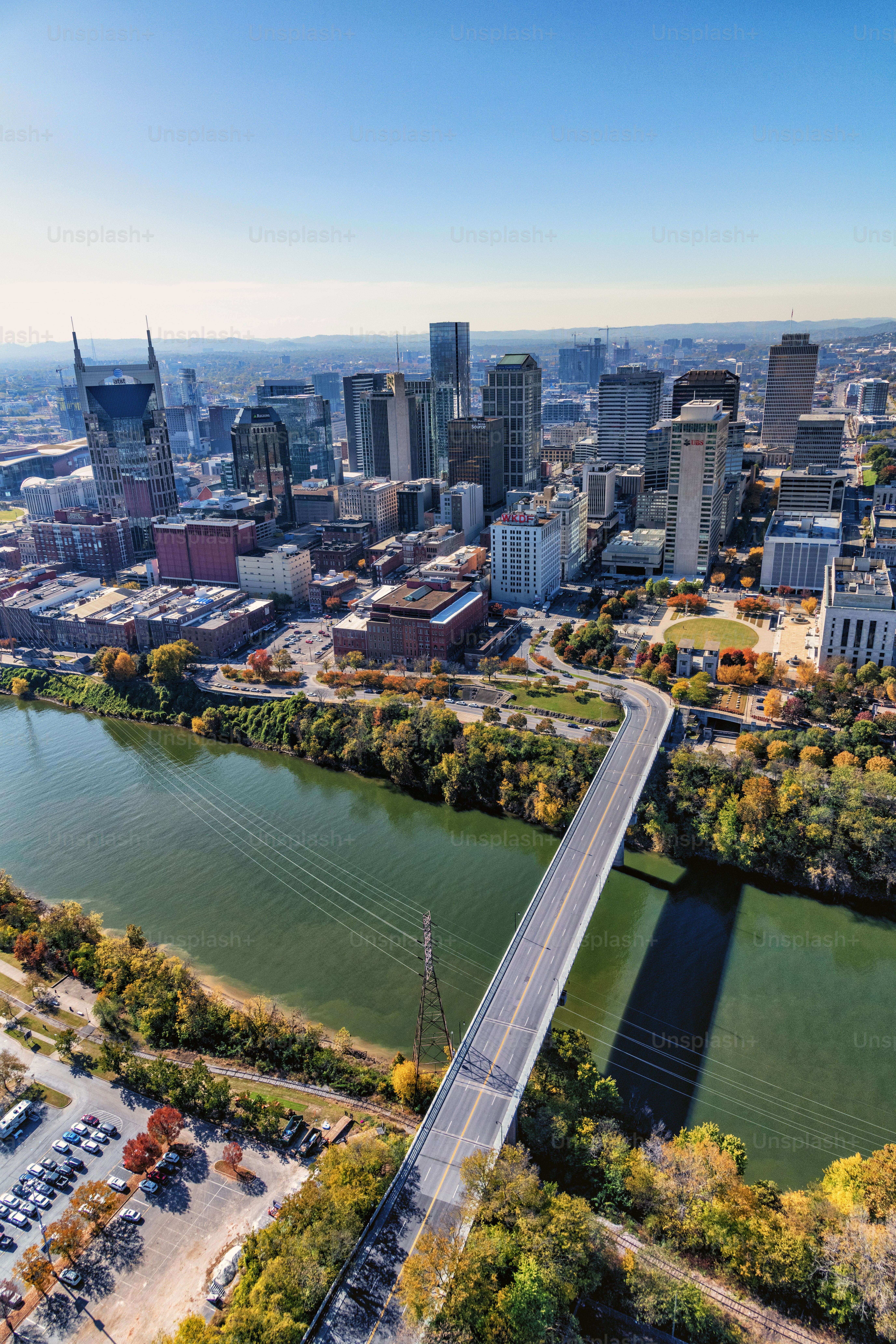 The skyline of beautiful Nashville, Tennessee, known as "Music City" along the banks of the Cumberland River.