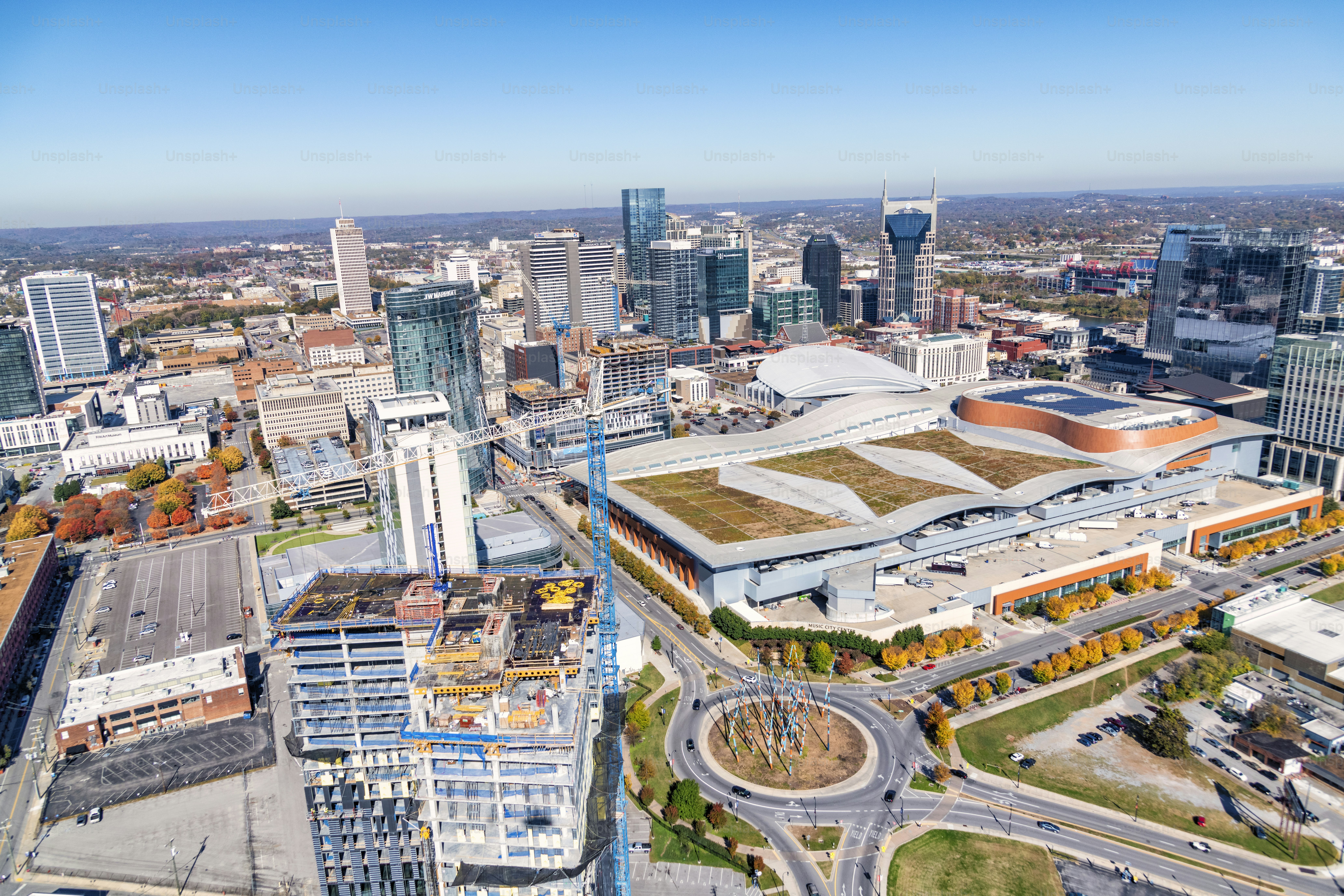 The downtown area of beautiful Nashville, Tennessee, known as "Music City" along the banks of the Cumberland River from an altitude of about 1000 feet over the city.