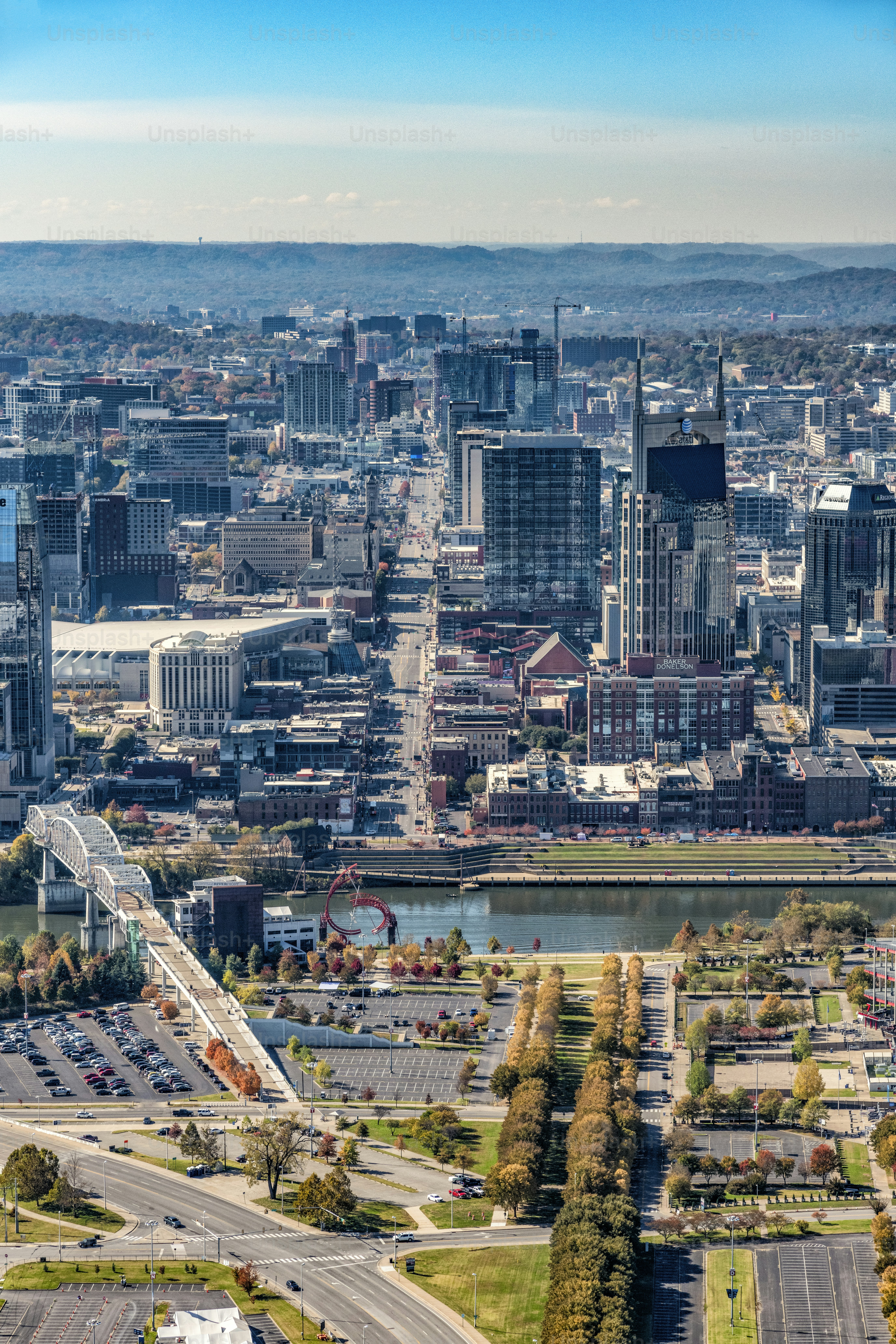 Downtown Nashville, Tennessee from across the Cumberland River shot at an altitude of about 1000 feet.