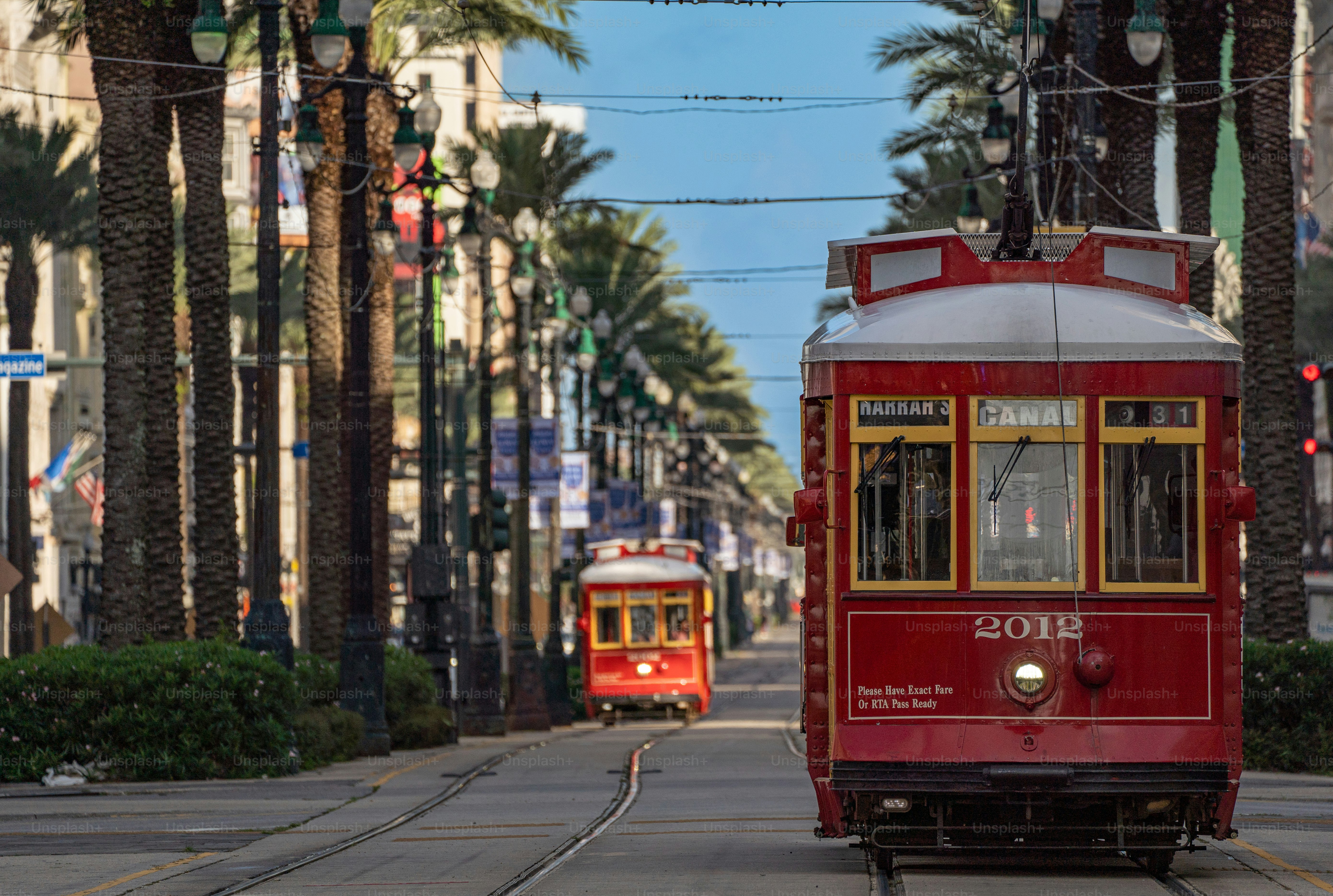 The famous red Canal Streetcar Line in downtown New Orleans, Louisiana.