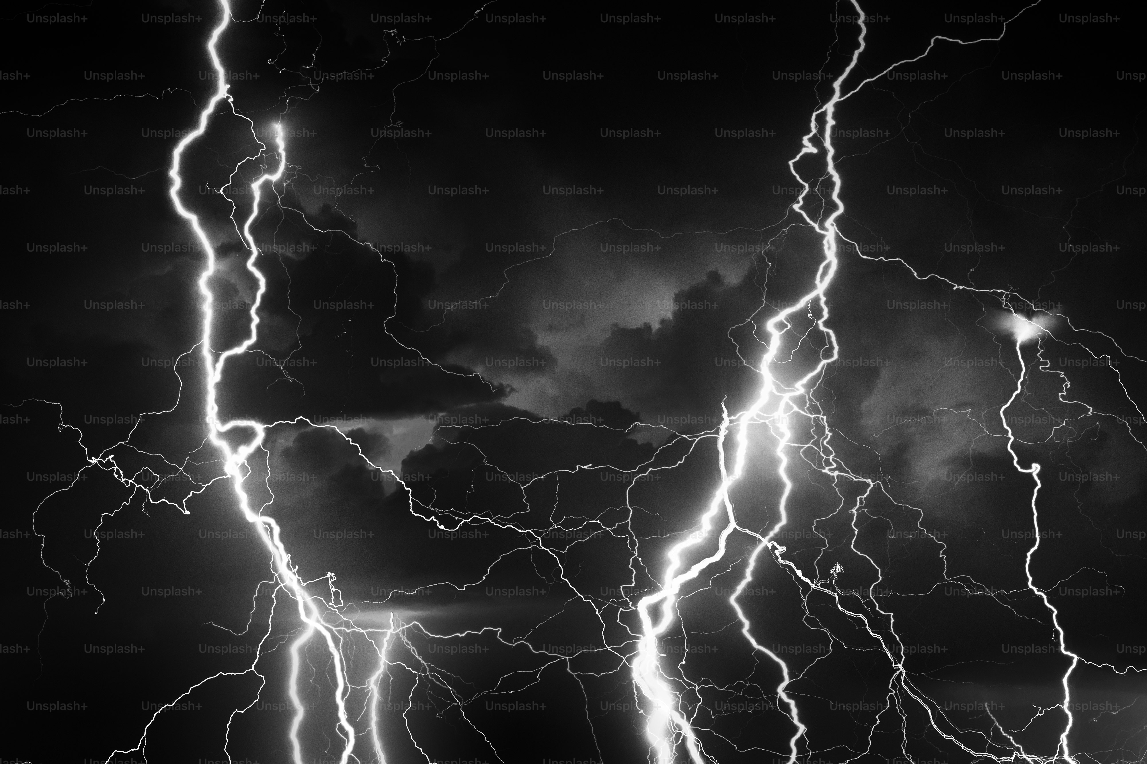 Thunder, lightnings and rain during summer storm at night.