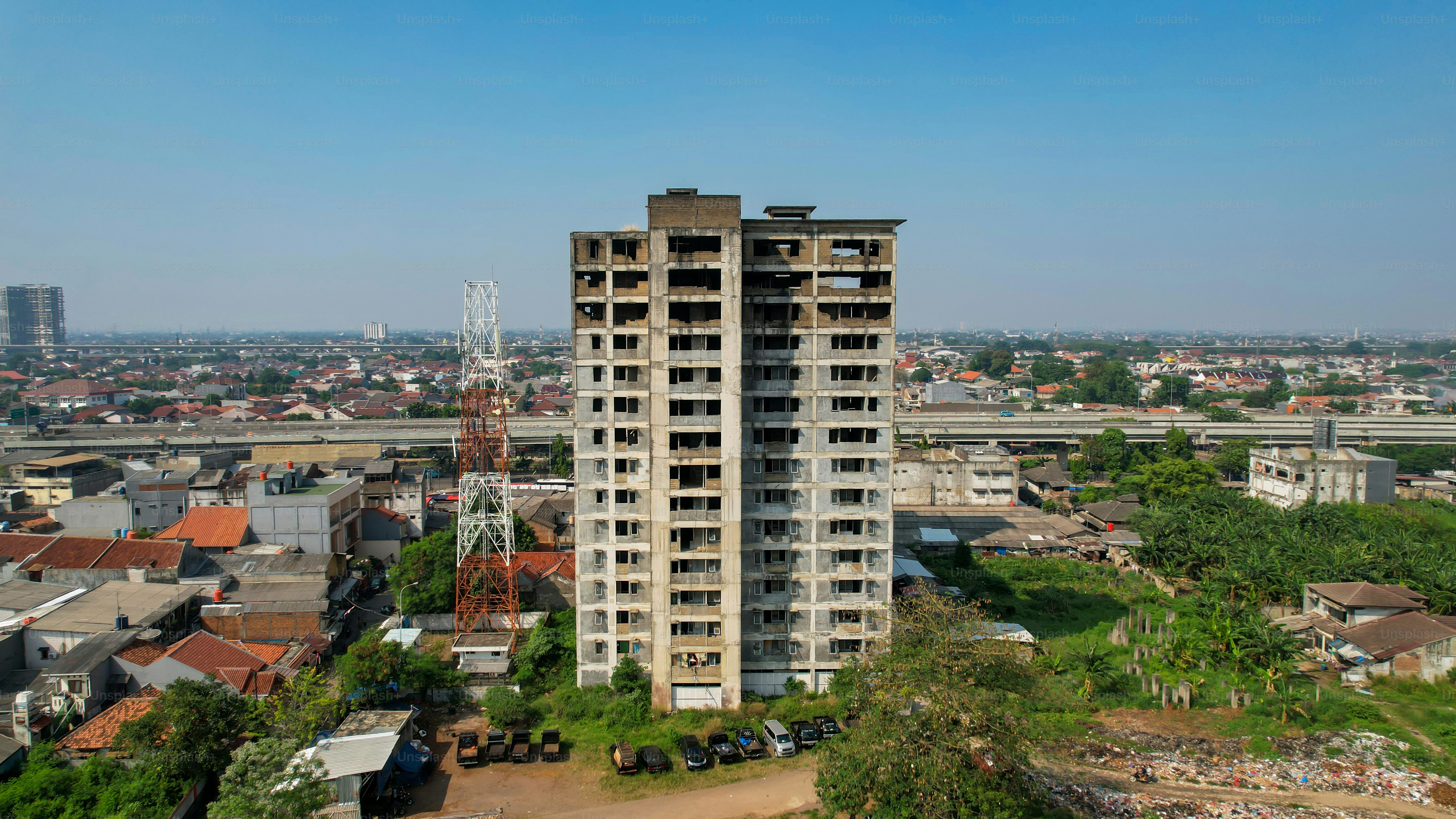 Aerial view of the building from the film Pengabdi Setan in Bekasi.