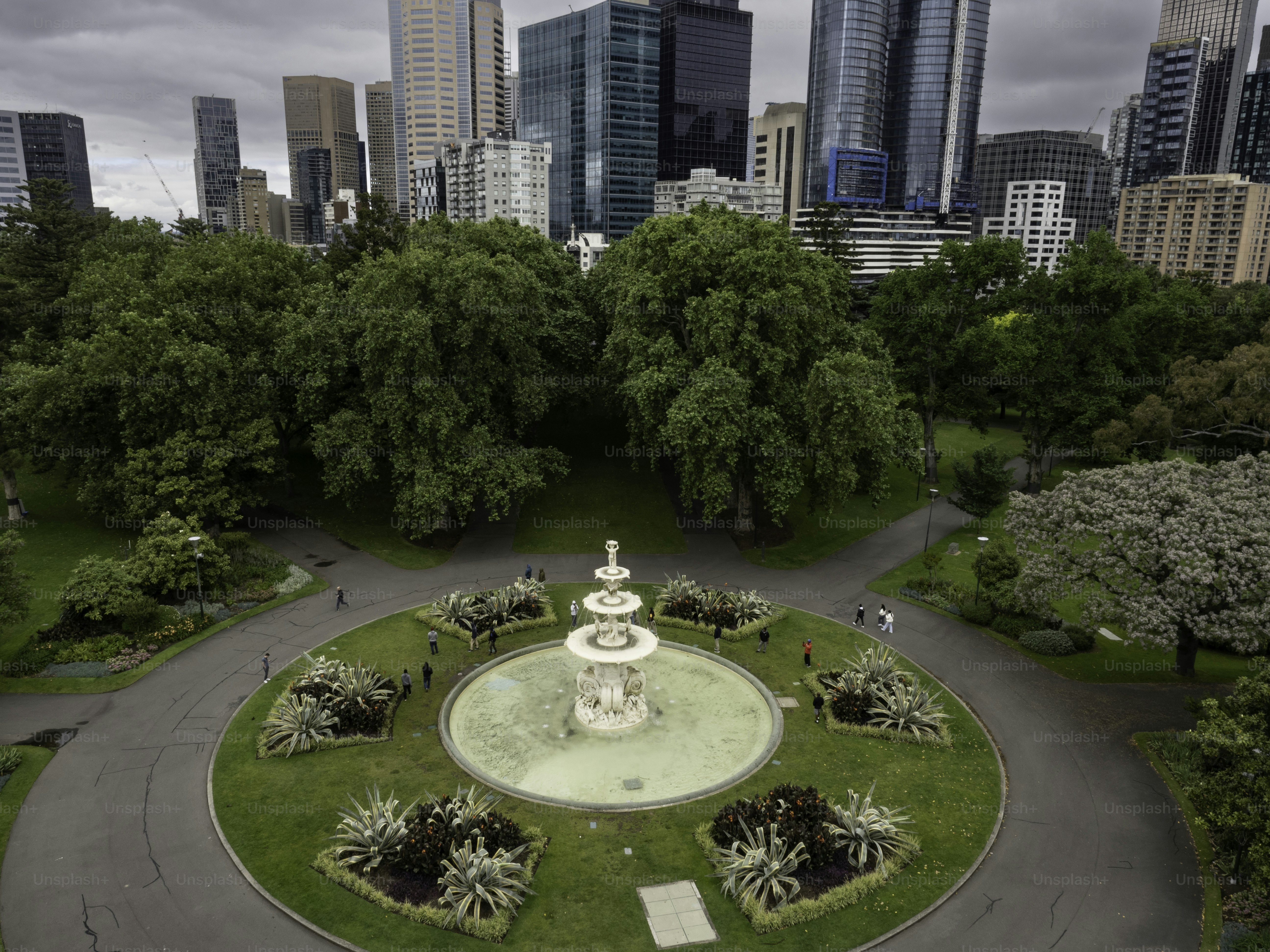 High angle view of the fountain and city skyline at The Royal Exhibition building in Melbourne