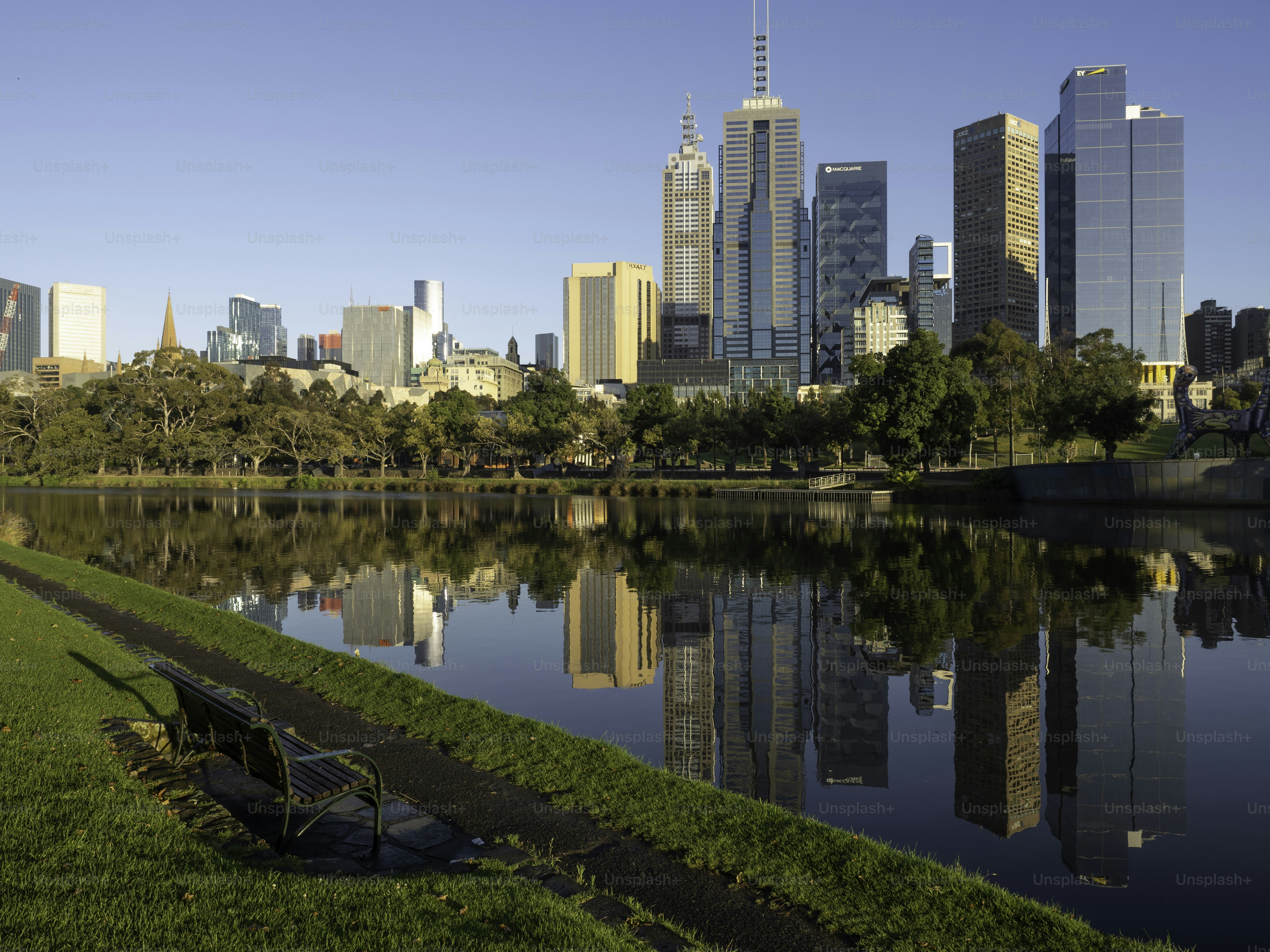 Panchina del parco vicino al fiume Yarra con vista sullo skyline di Melbourne