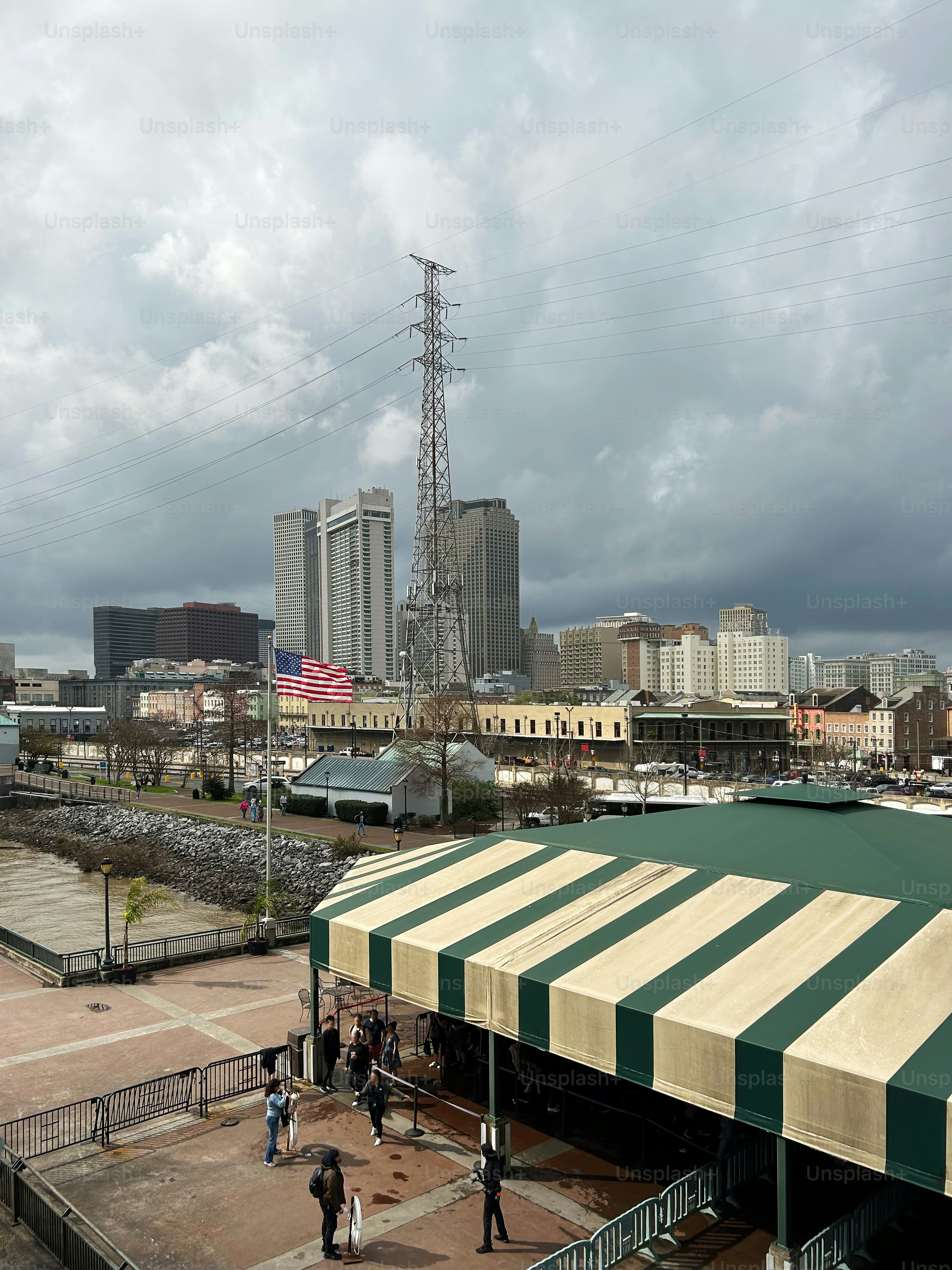 The French Quarter of New Orleans, Louisiana, United States with skyline behind