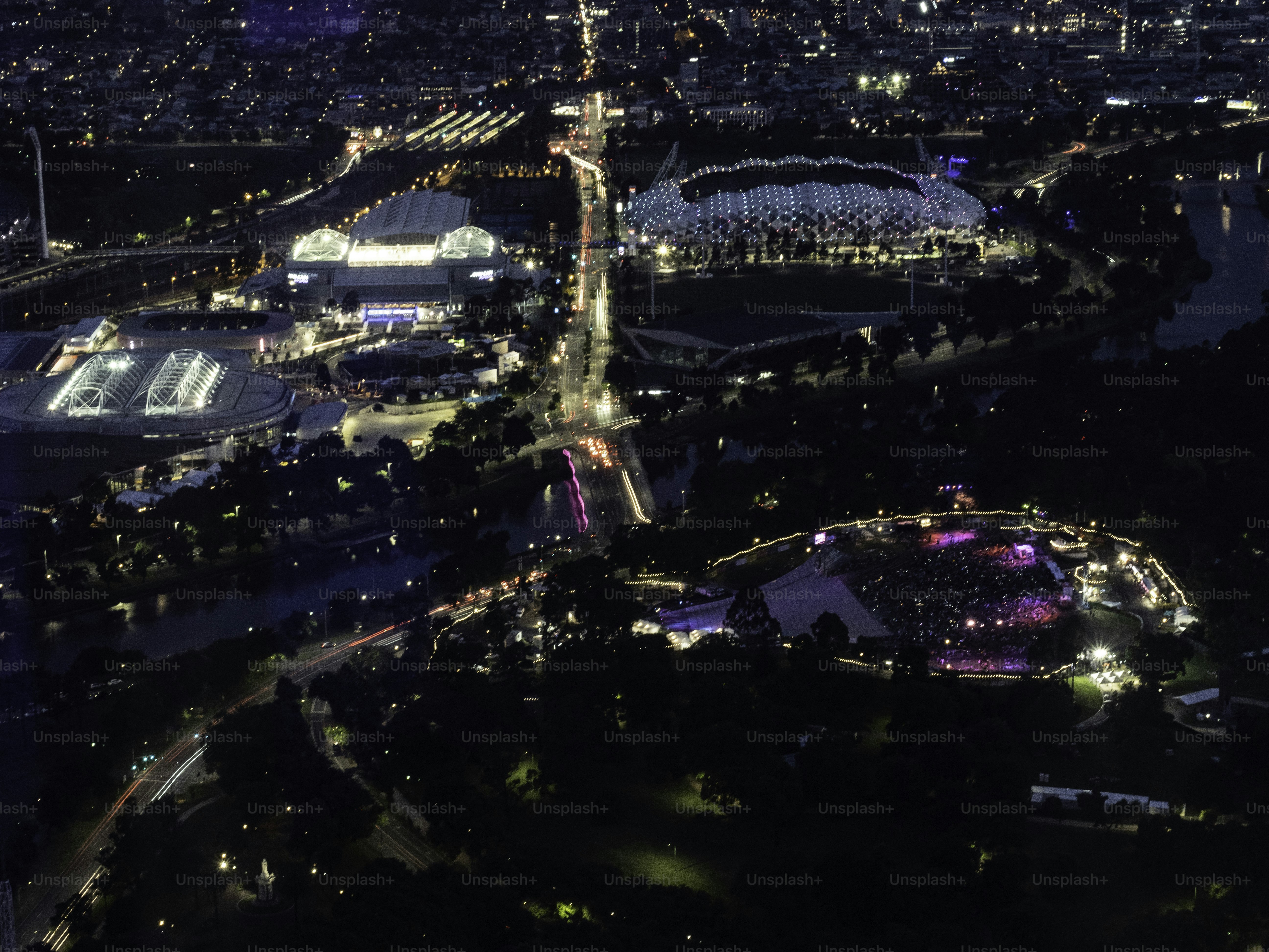High angle view of Melbourne Park Precinct  and Yarra River