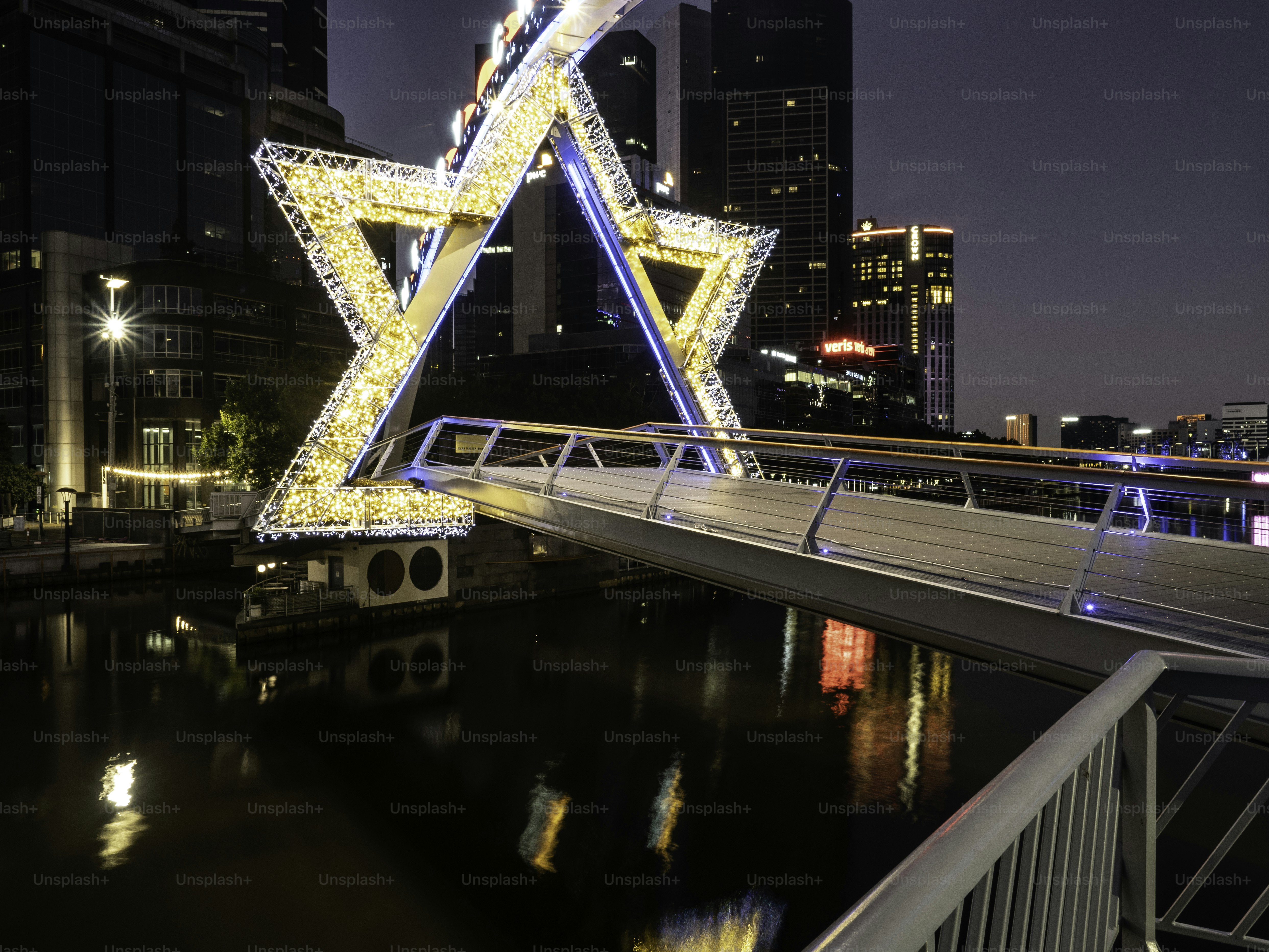 Sunrise on pedestrian bridge across the Yarra River in Melbourne