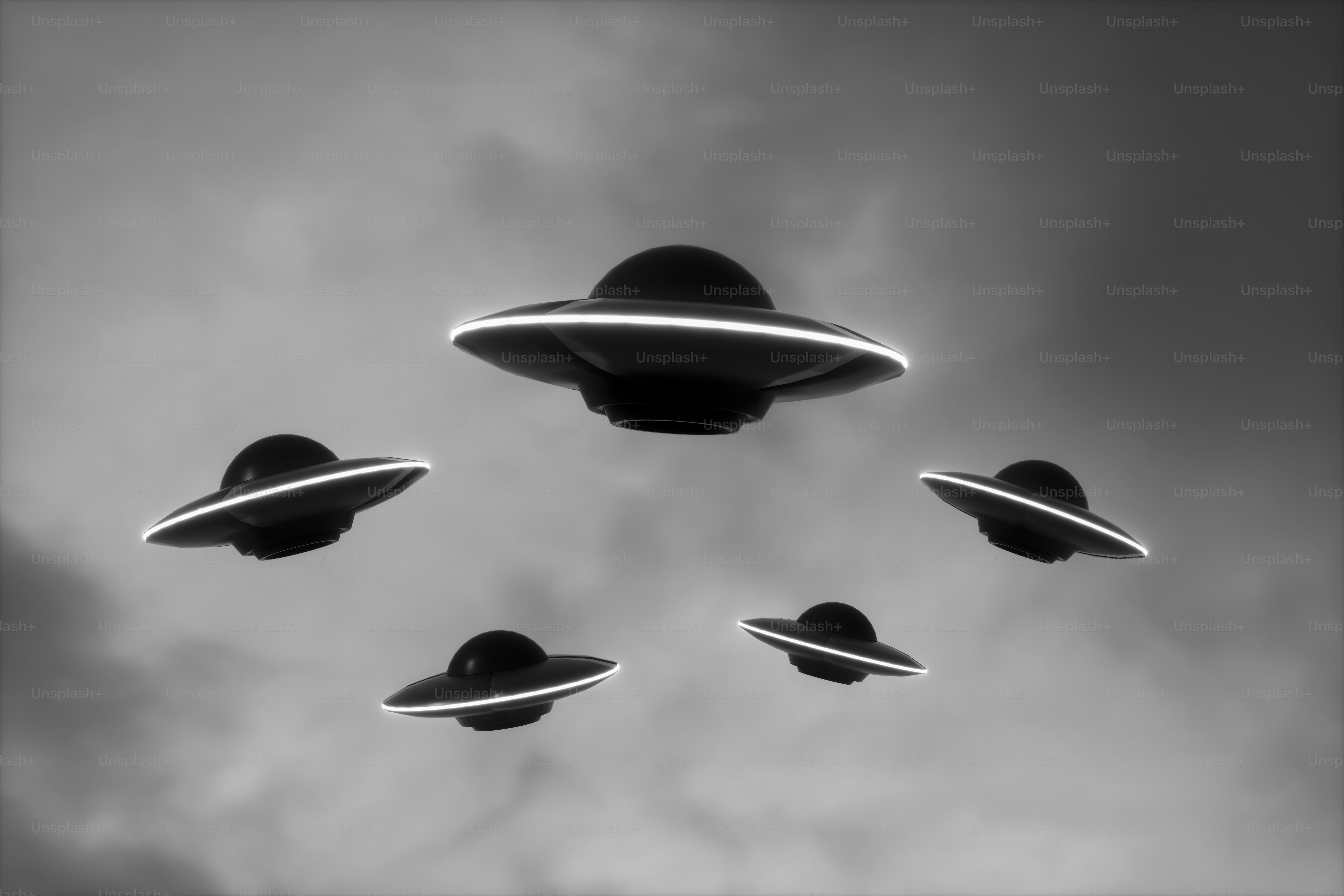 UFOs flying in sky, Digitally Generated Image.