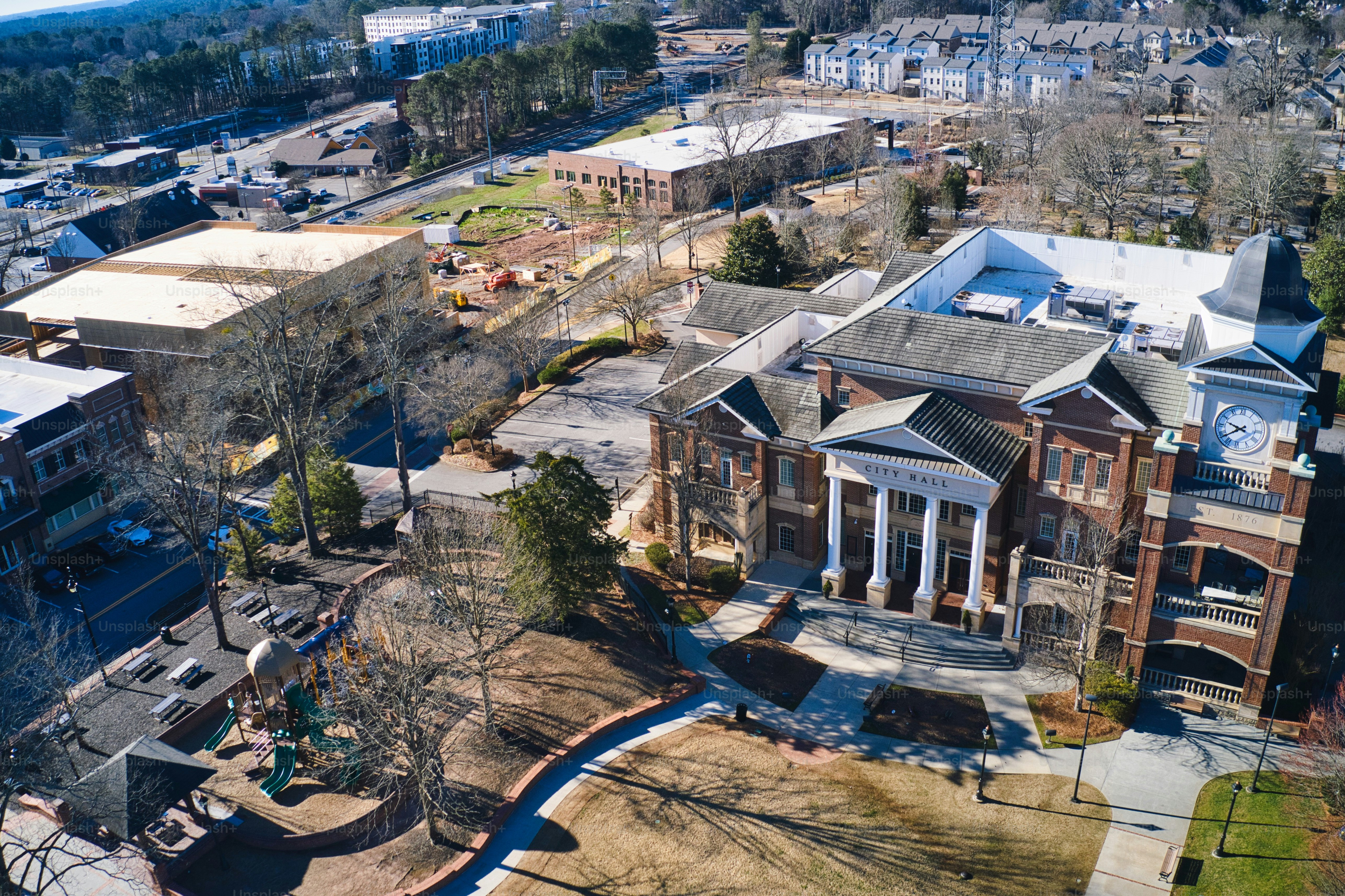 Aerial panoramic view of Duluth City Hall and Town Greene in downtown Duluth GA