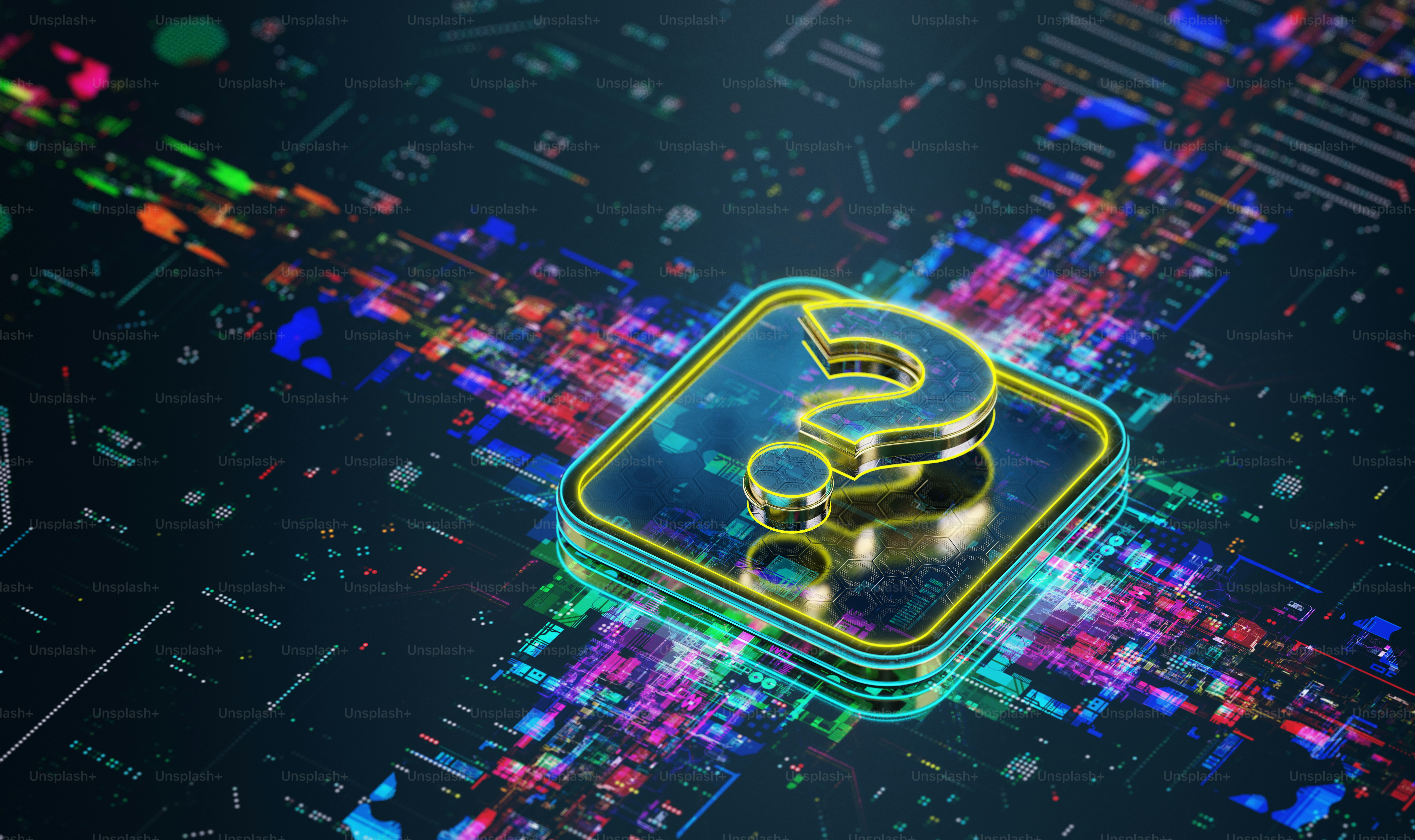 The future of technology industry. Futuristic CPU and question icon. Vibrant modern colours. Technology background with space for branding. 3D render