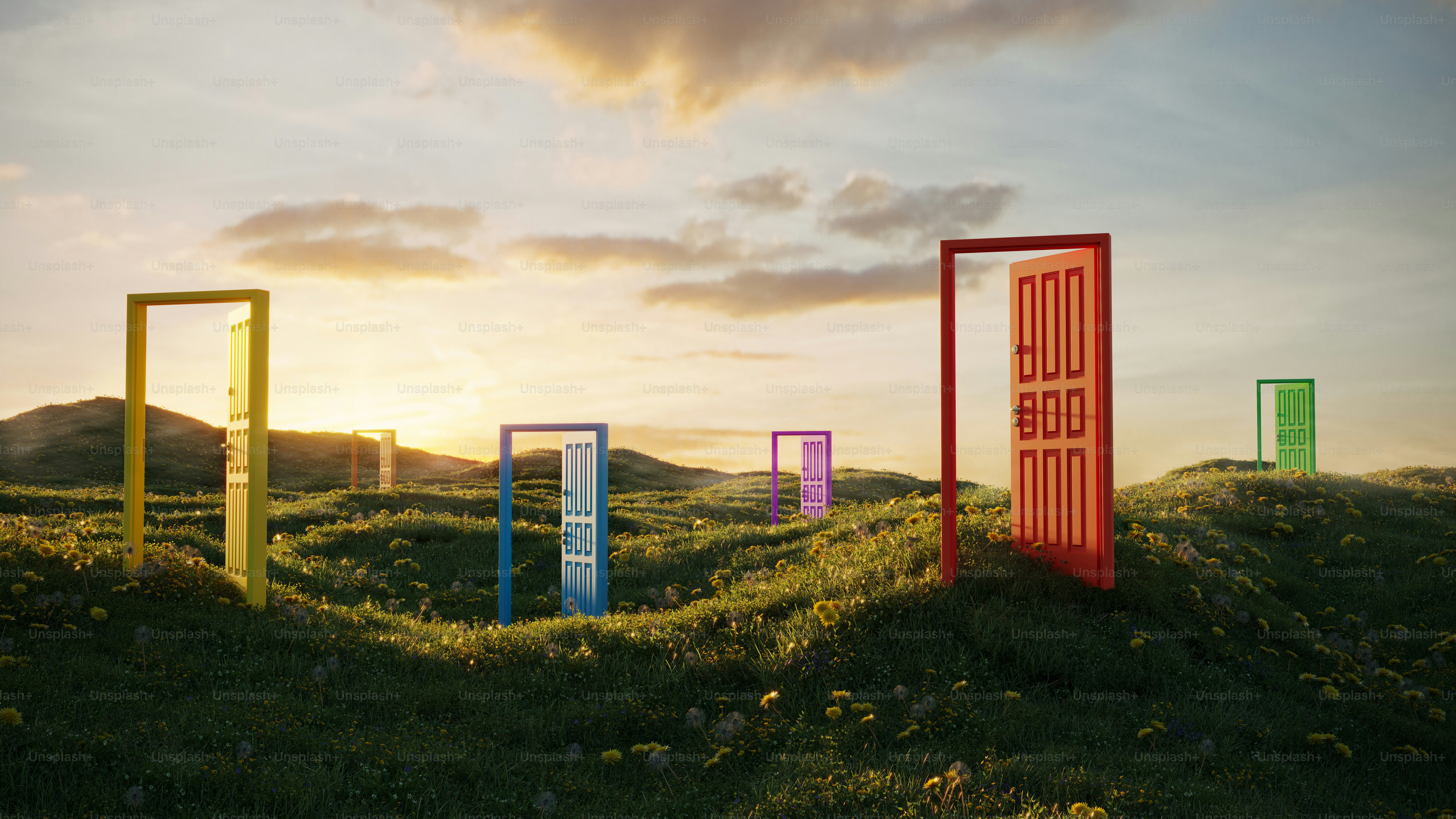 Puertas de apertura abstractas multicolores en campo de hierba en un día soleado de verano. (Renderizado 3D)