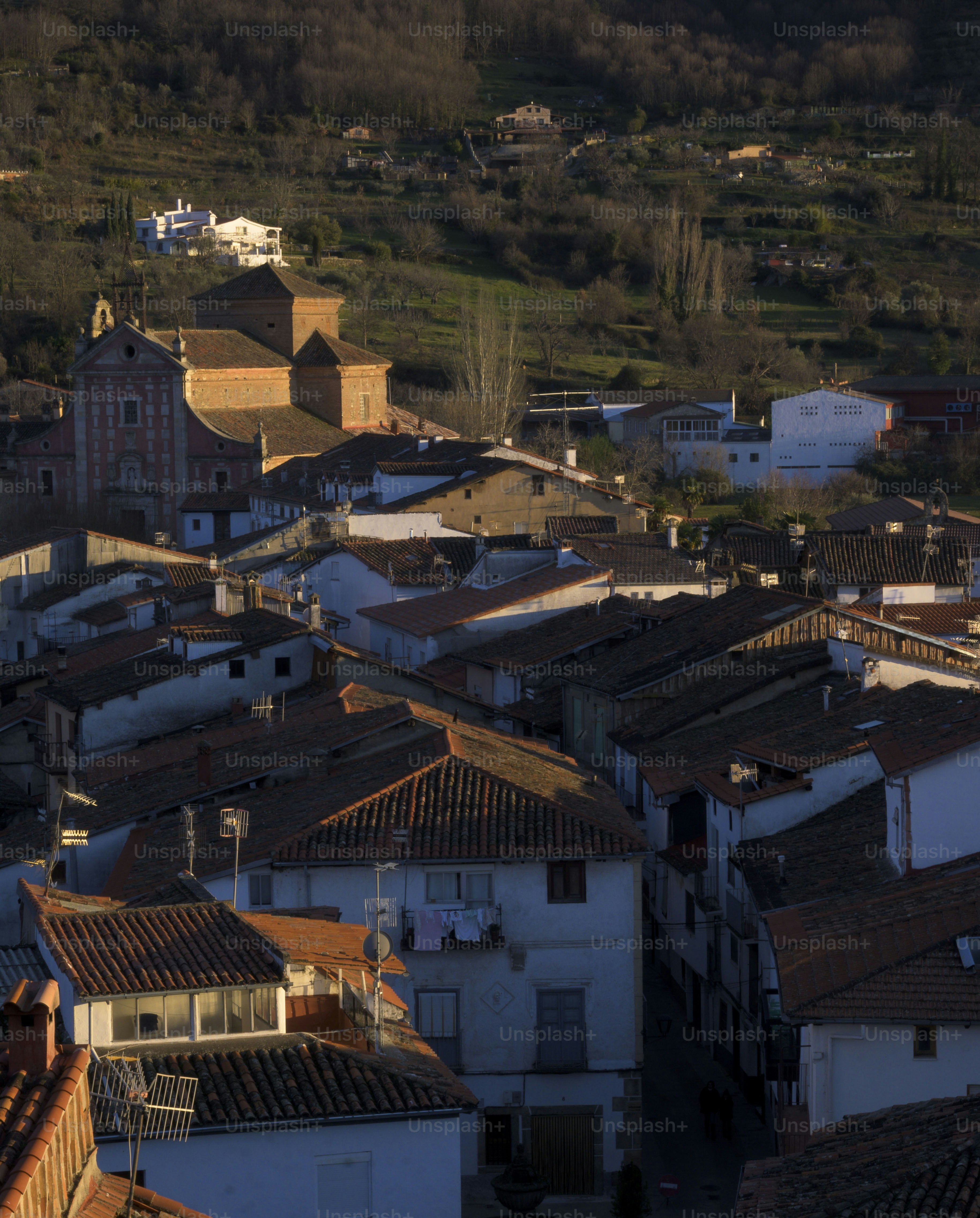 Vertical aerial view of Hervas with the Trinitarian convent of San Juan Bautista in the background
