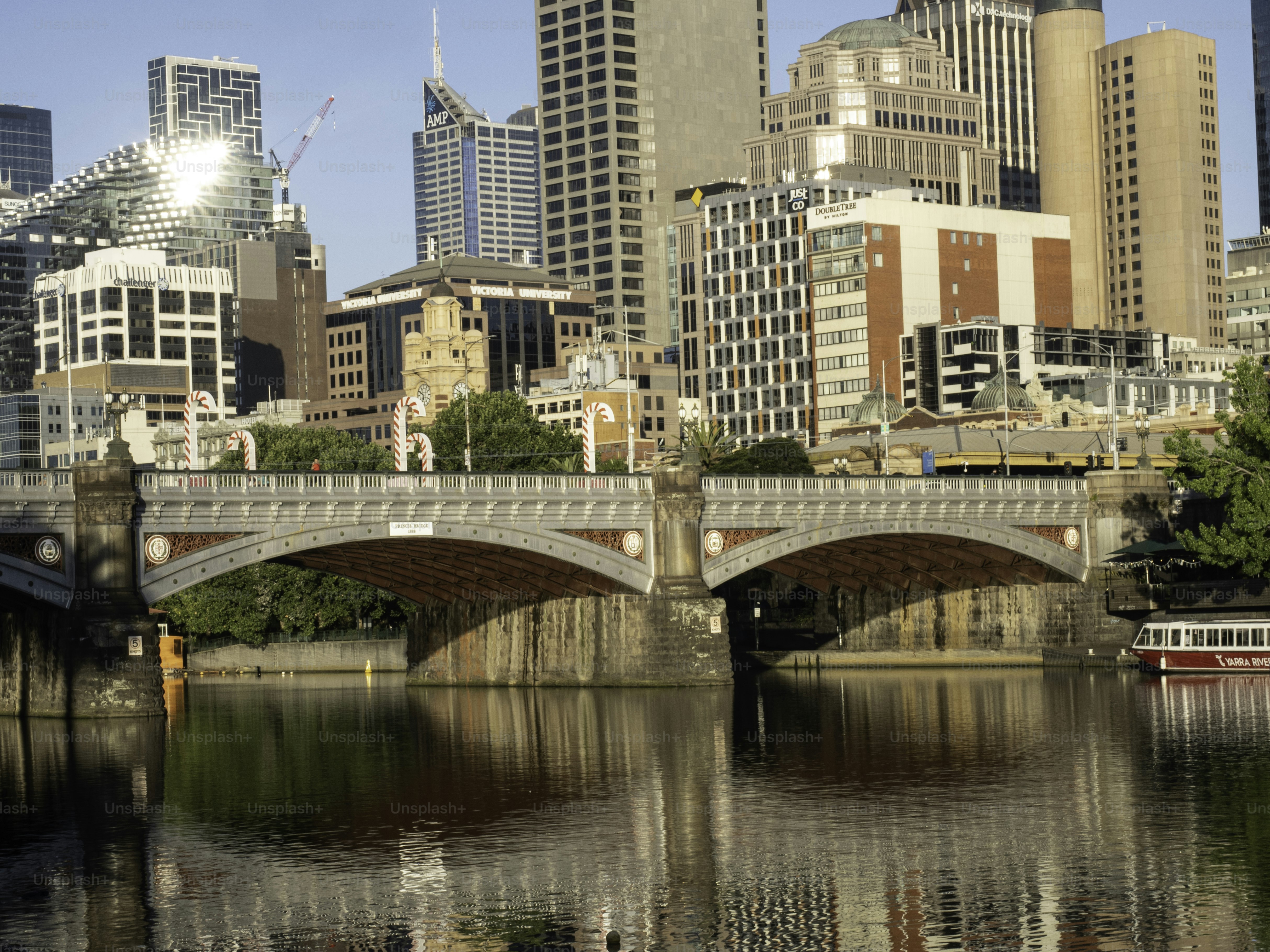 Melbourne skyline next to the Yarra River and Princes Bridge, St Kilda road