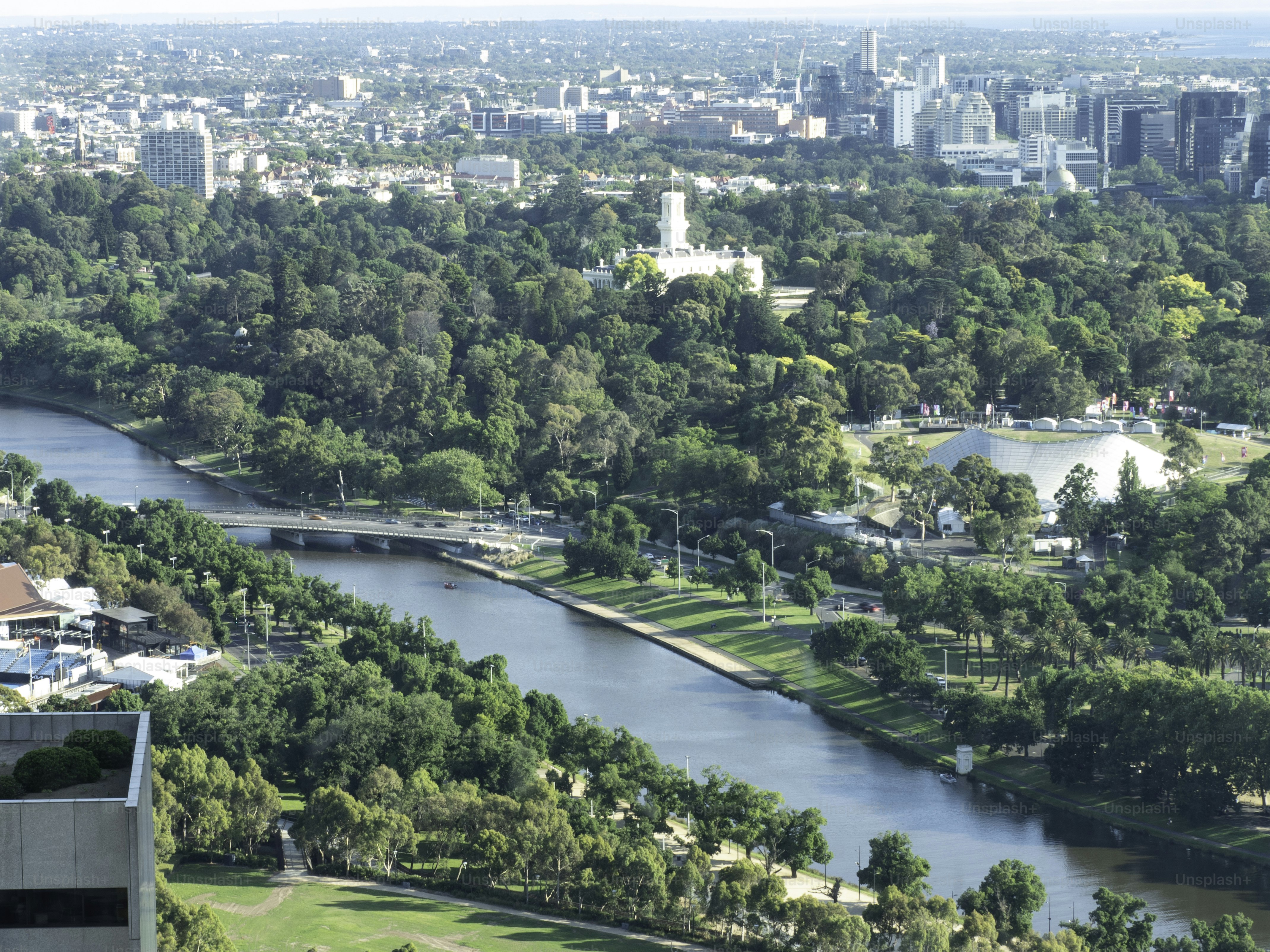 Looking down on the Yarra River and Melbourne Park precinct