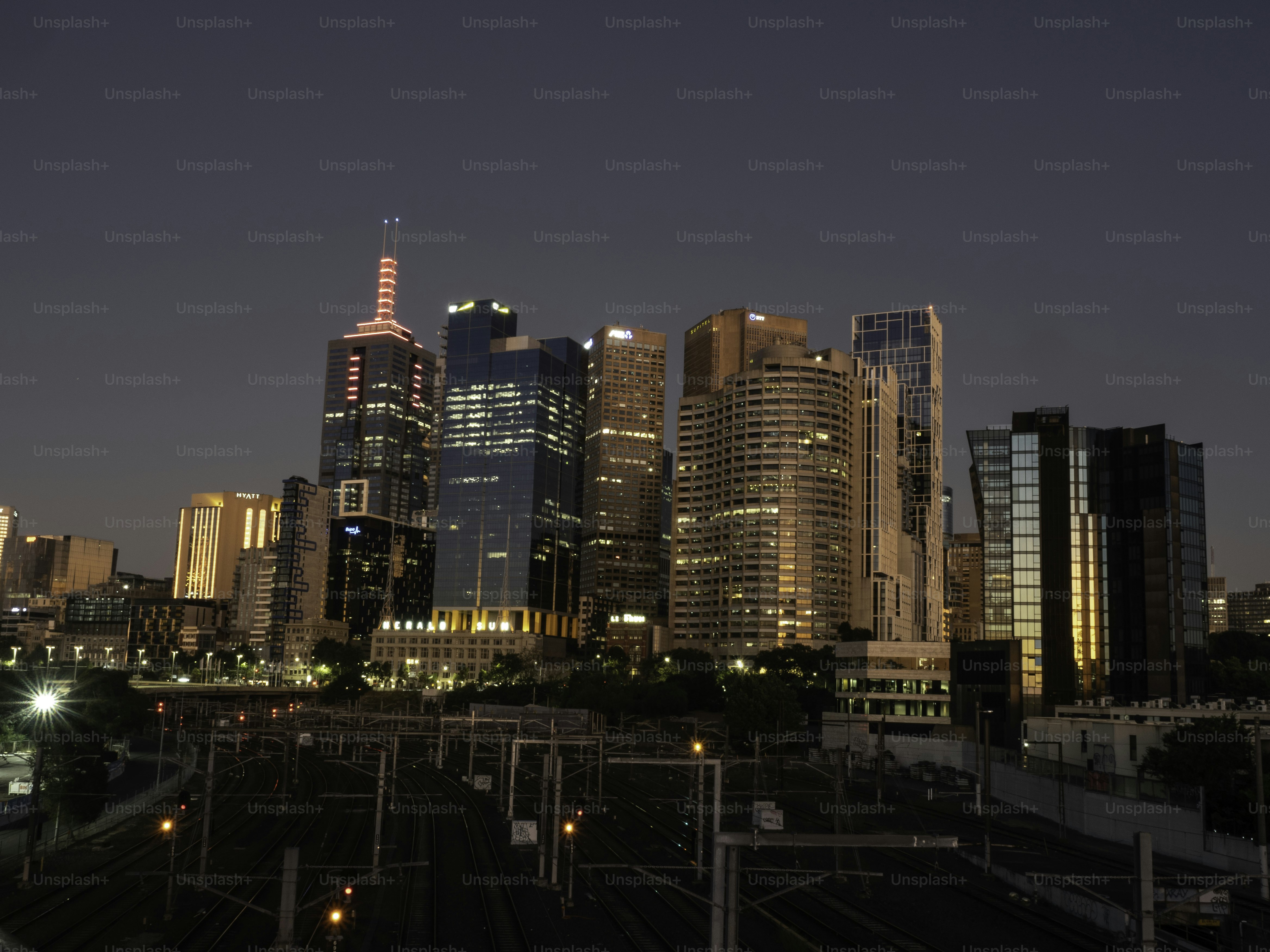 Melbourne skyline and train tracks early morning