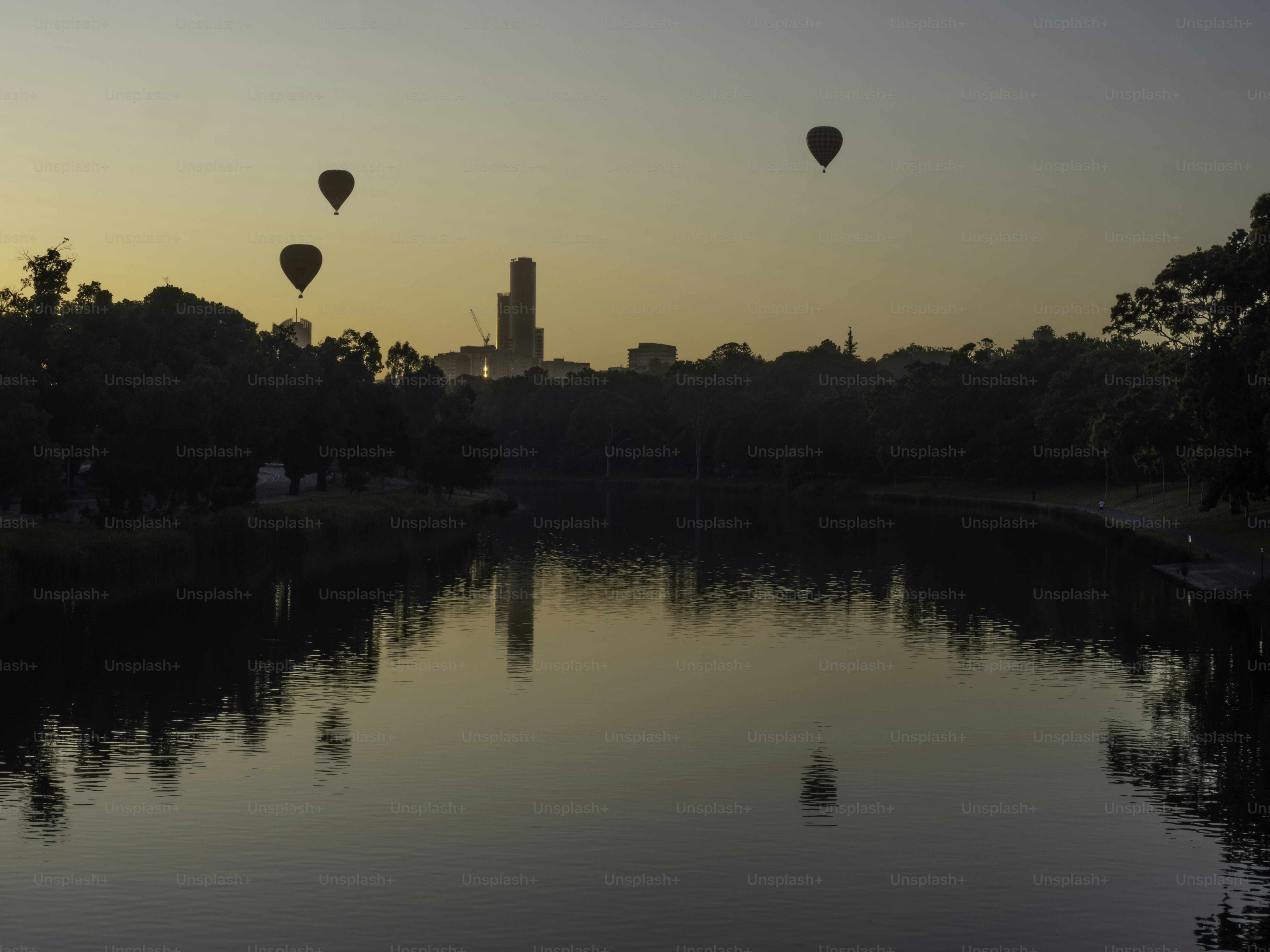 Silueta del horizonte de Melbourne de la ciudad y globos aerostáticos