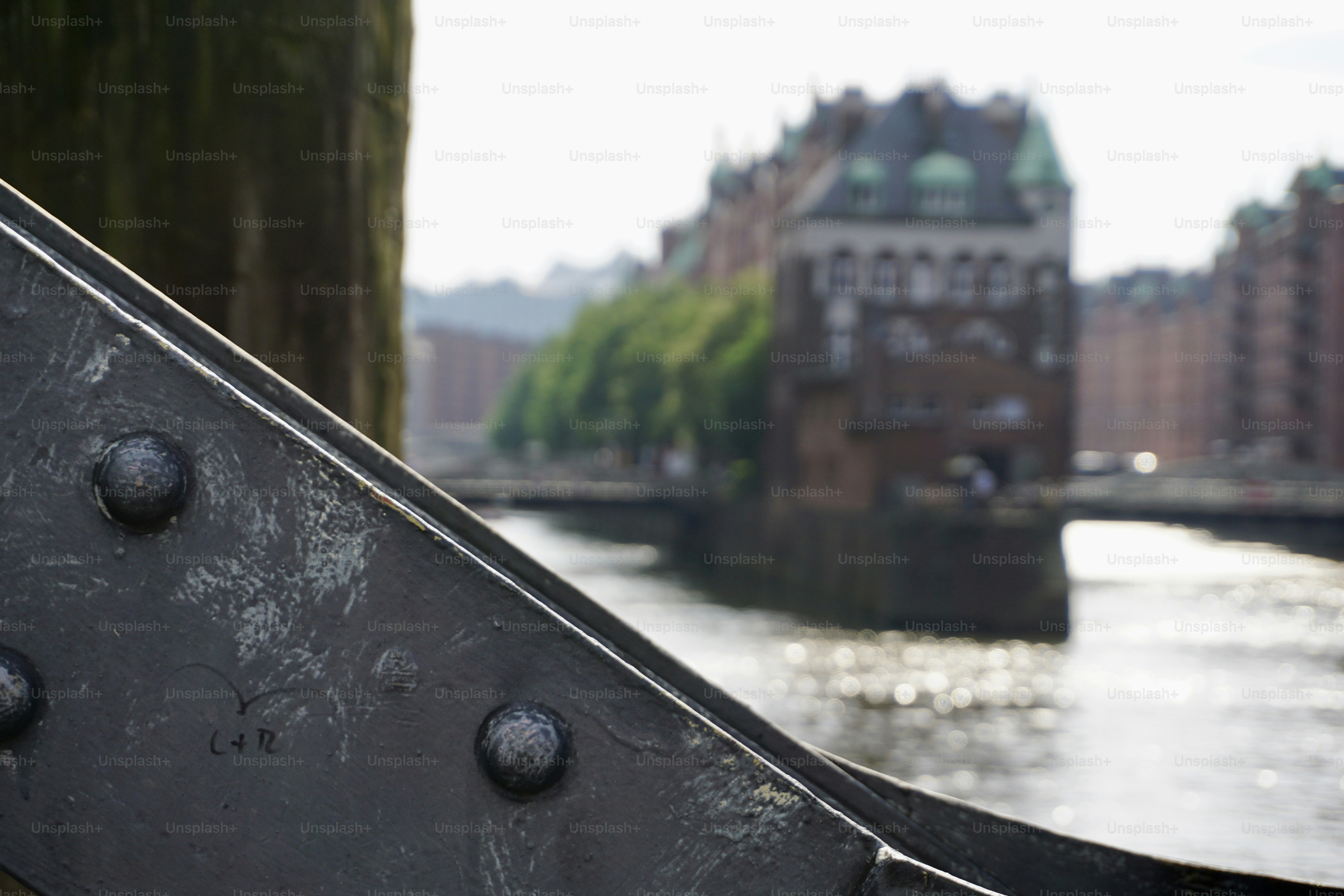 The main view of the Speicherstadt. View from the bridge to the cafe in Hamburg, Speicherstadt.