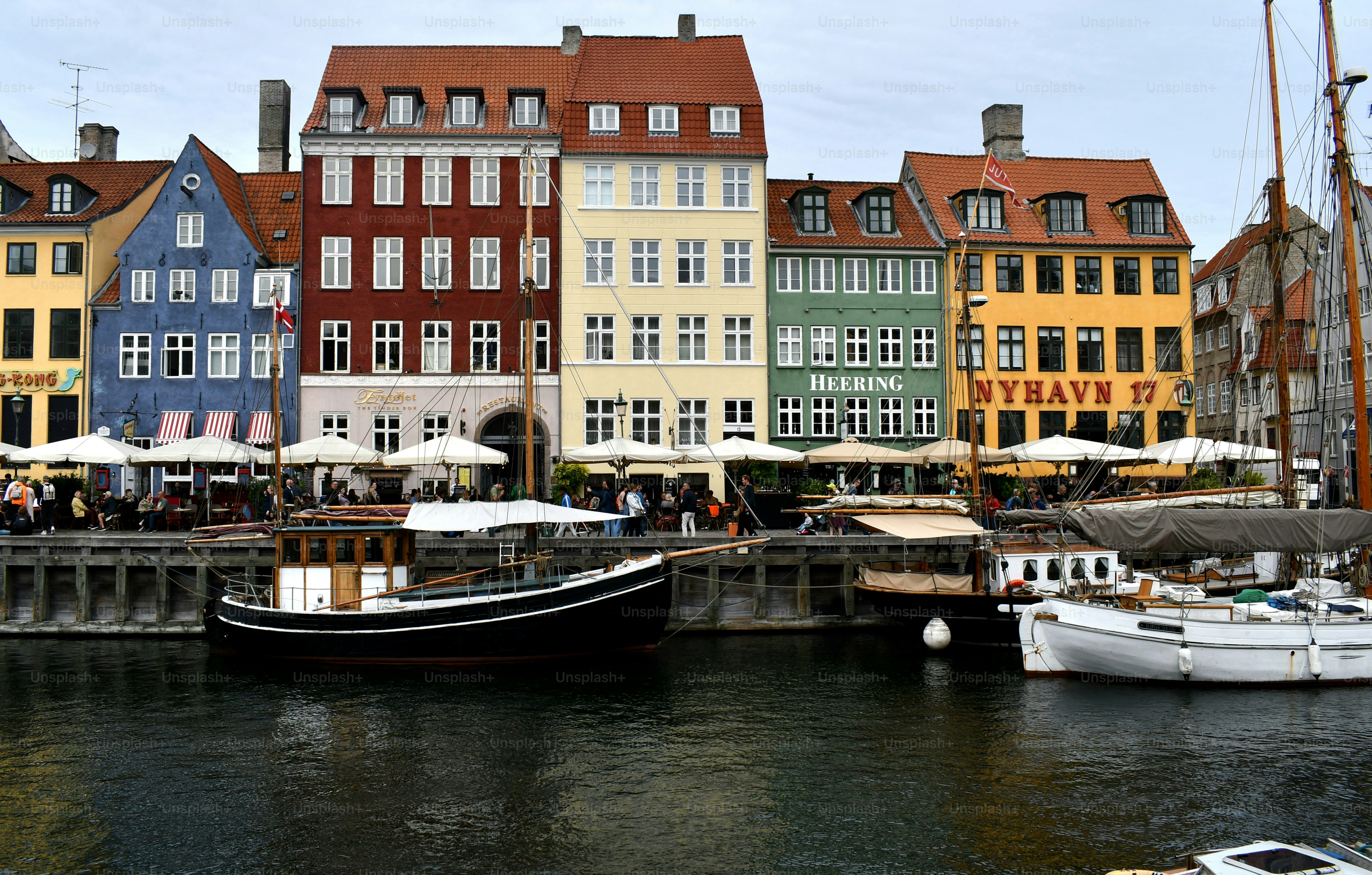 A shot of the beautiful and colorful Nyhaven Boat District in Copenhagen Denmark