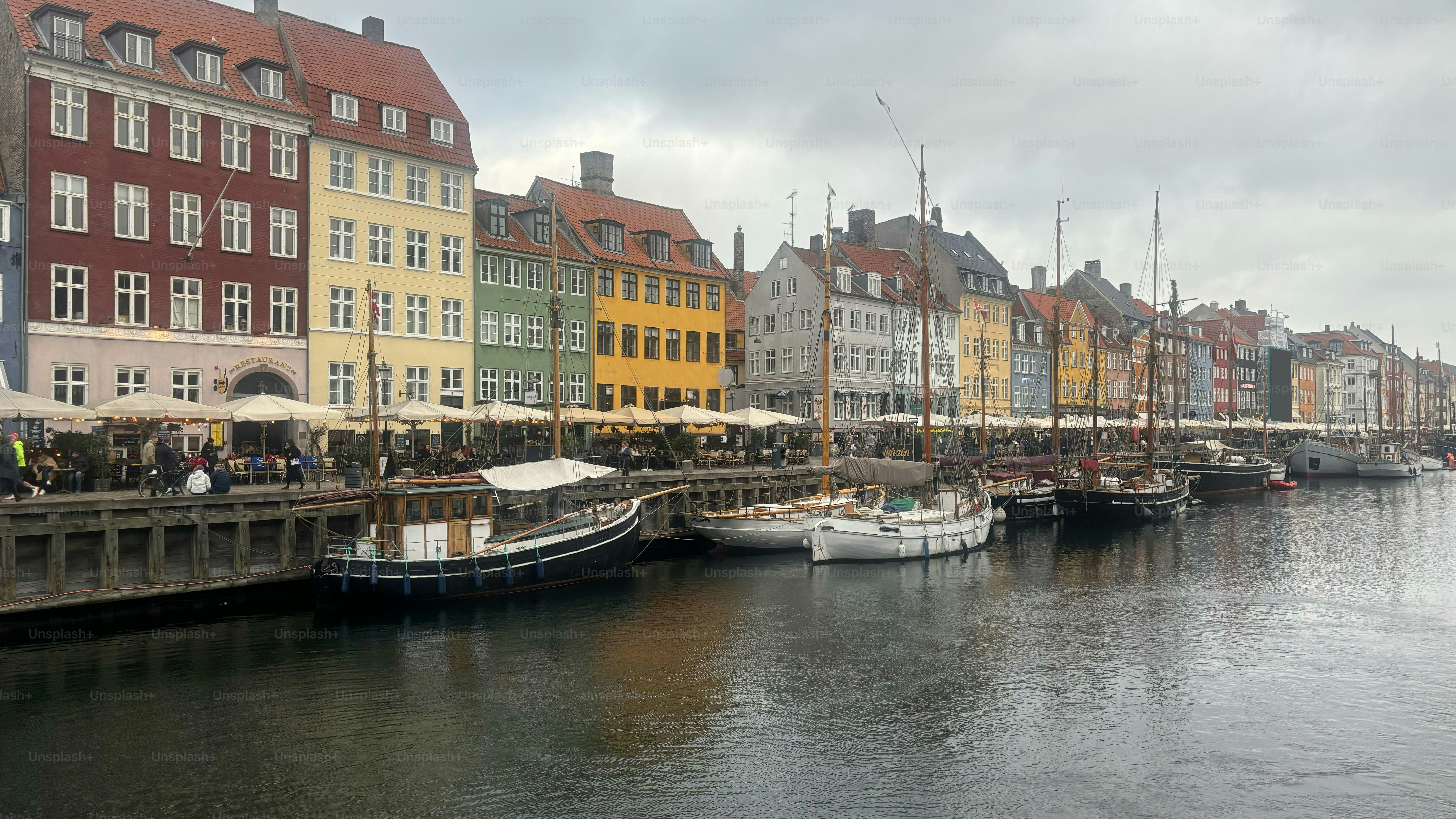 Colorful Buildings on the Left Side of the Waterfront in Copenhagen in April