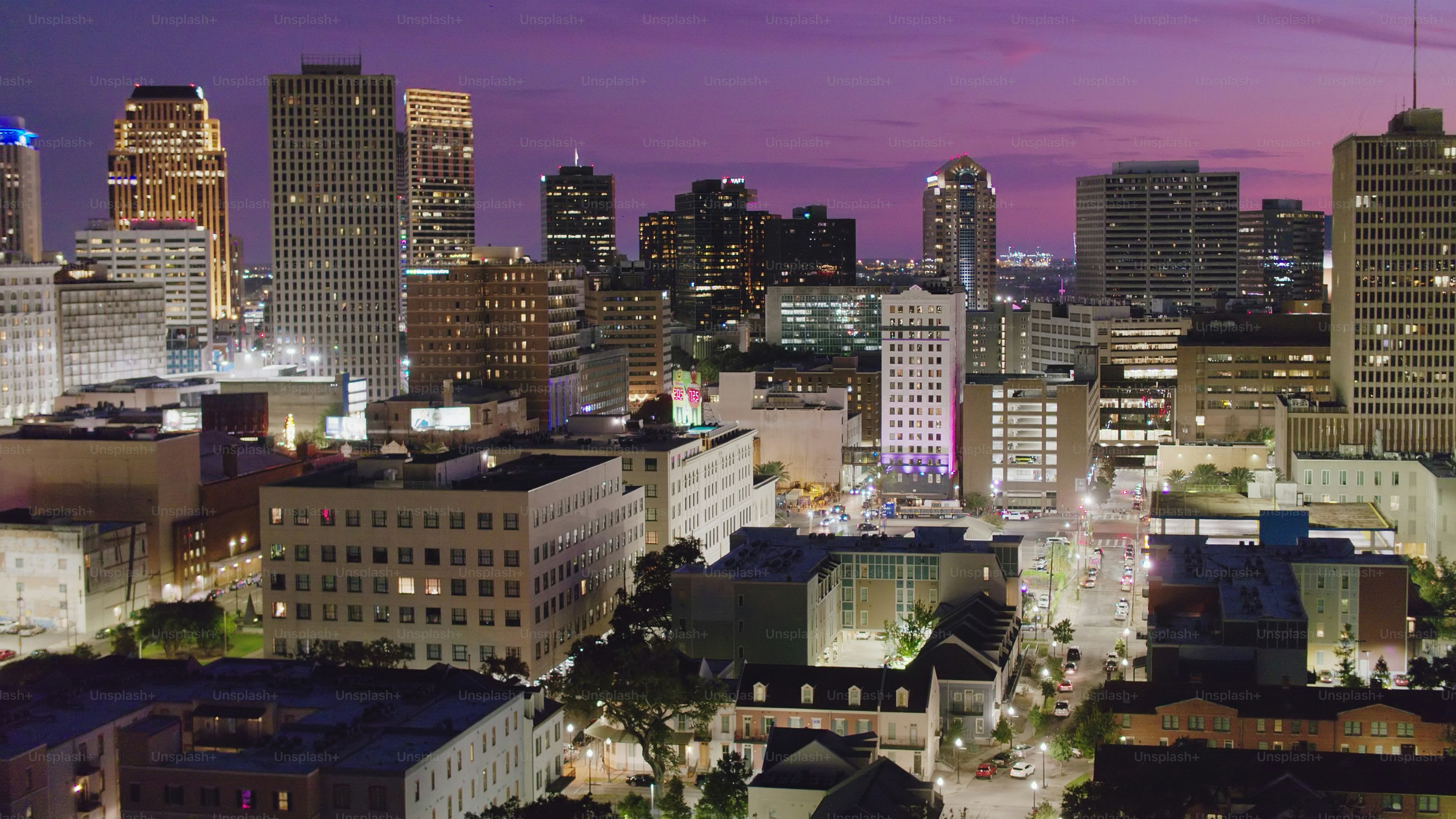 Drone Shot of Downtown New Orleans at Dusk
