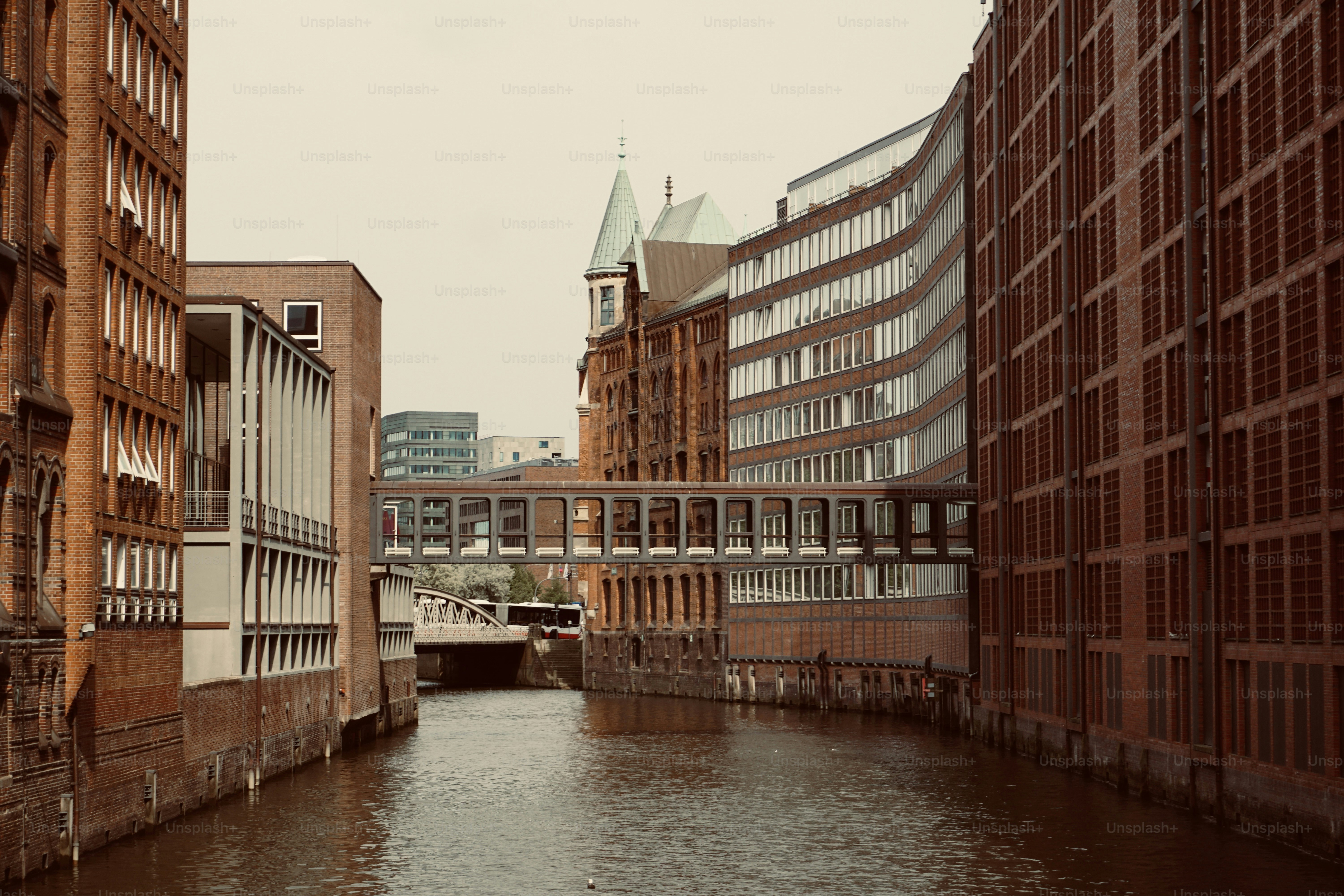 The Speicherstadt in summer. Hamburg in summer. Warehouse city in Hamburg. Red brick buildings.