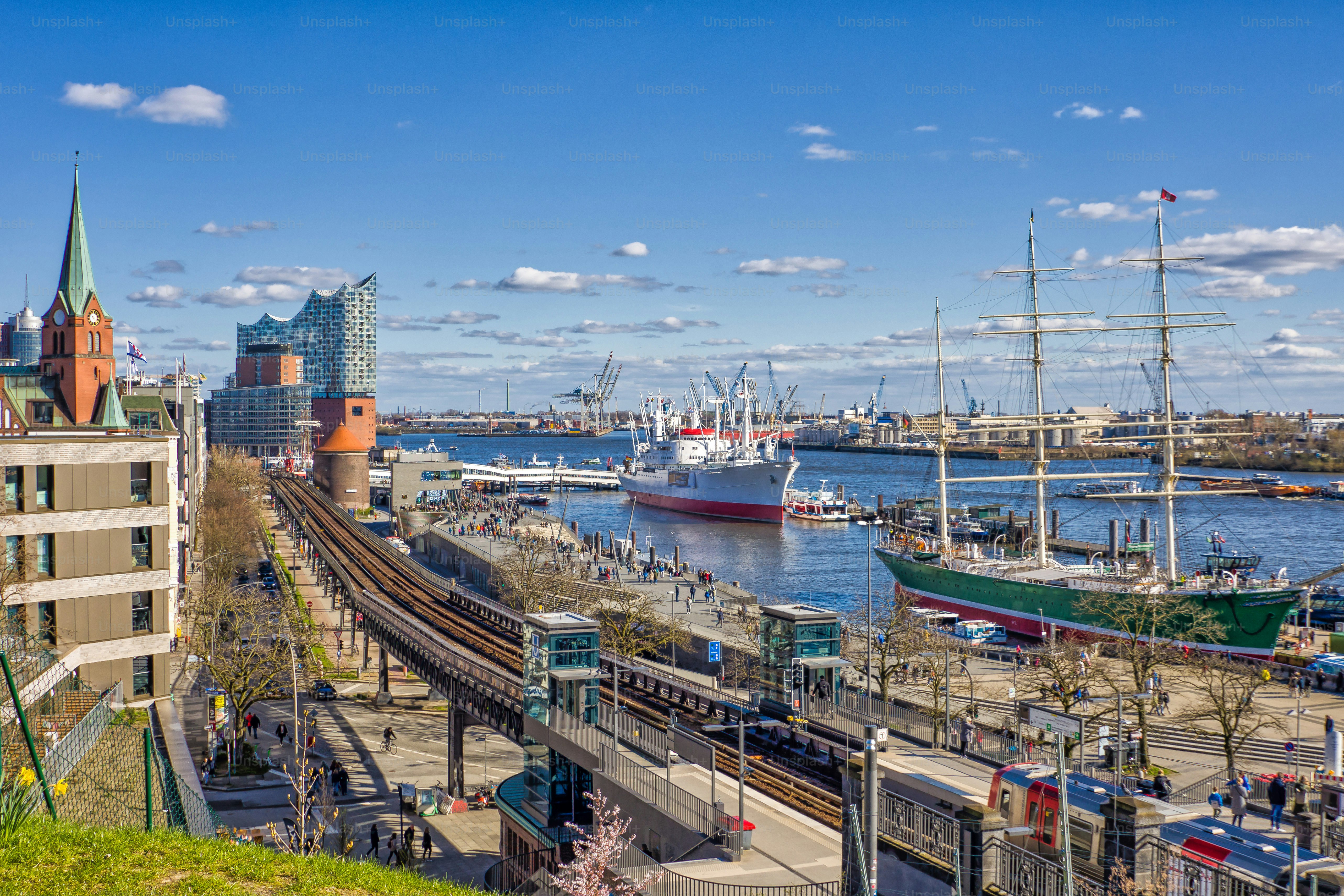 hamburg, germany, april 2023, boats traffic and skyline of hamburg
