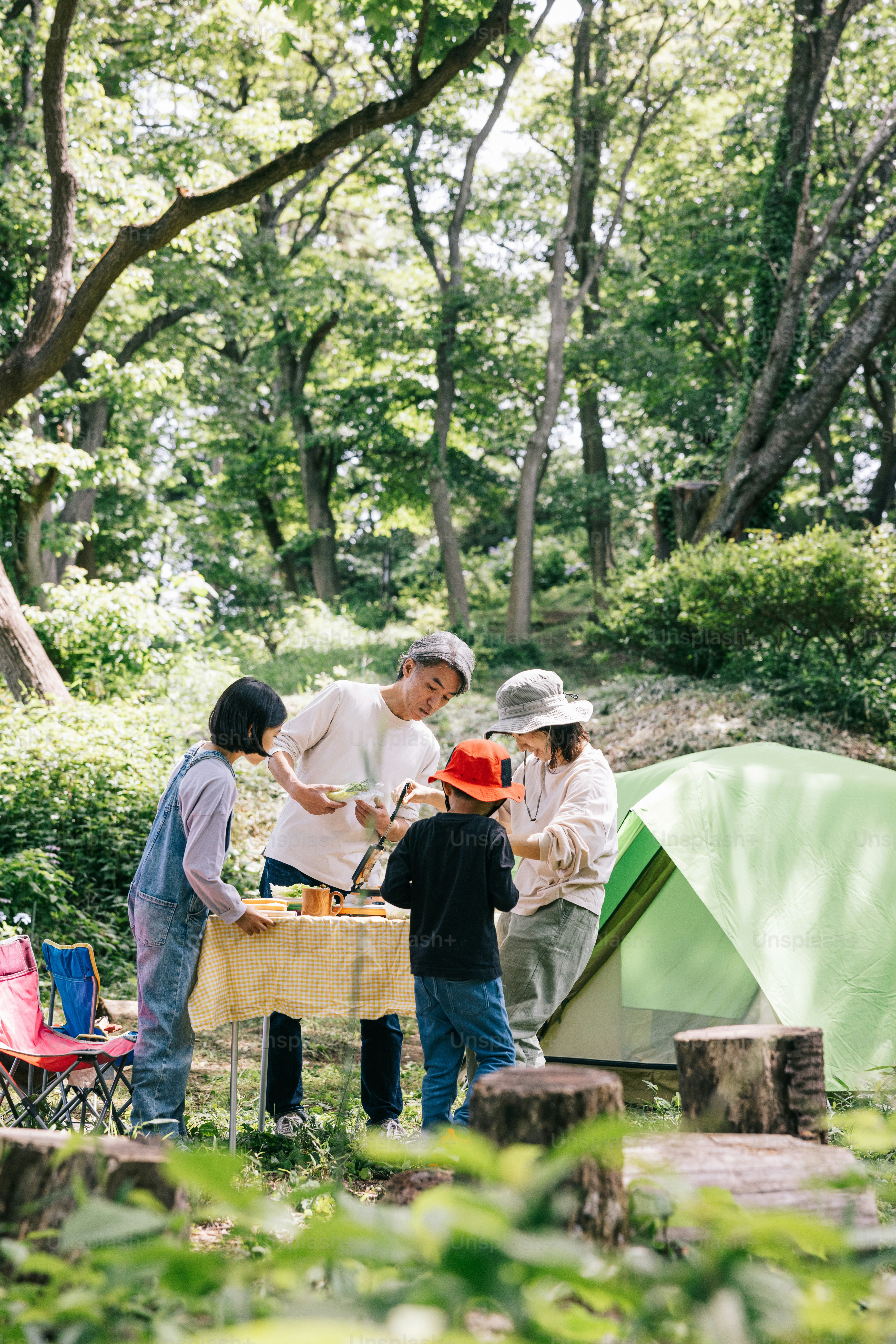 Totale einer japanischen Familie, die sich darauf vorbereitet, gemeinsam in der freien Natur zu kochen. Mit einem gut organisierten Campingtisch sind sie für ein schmackhaftes Abenteuer gerüstet.