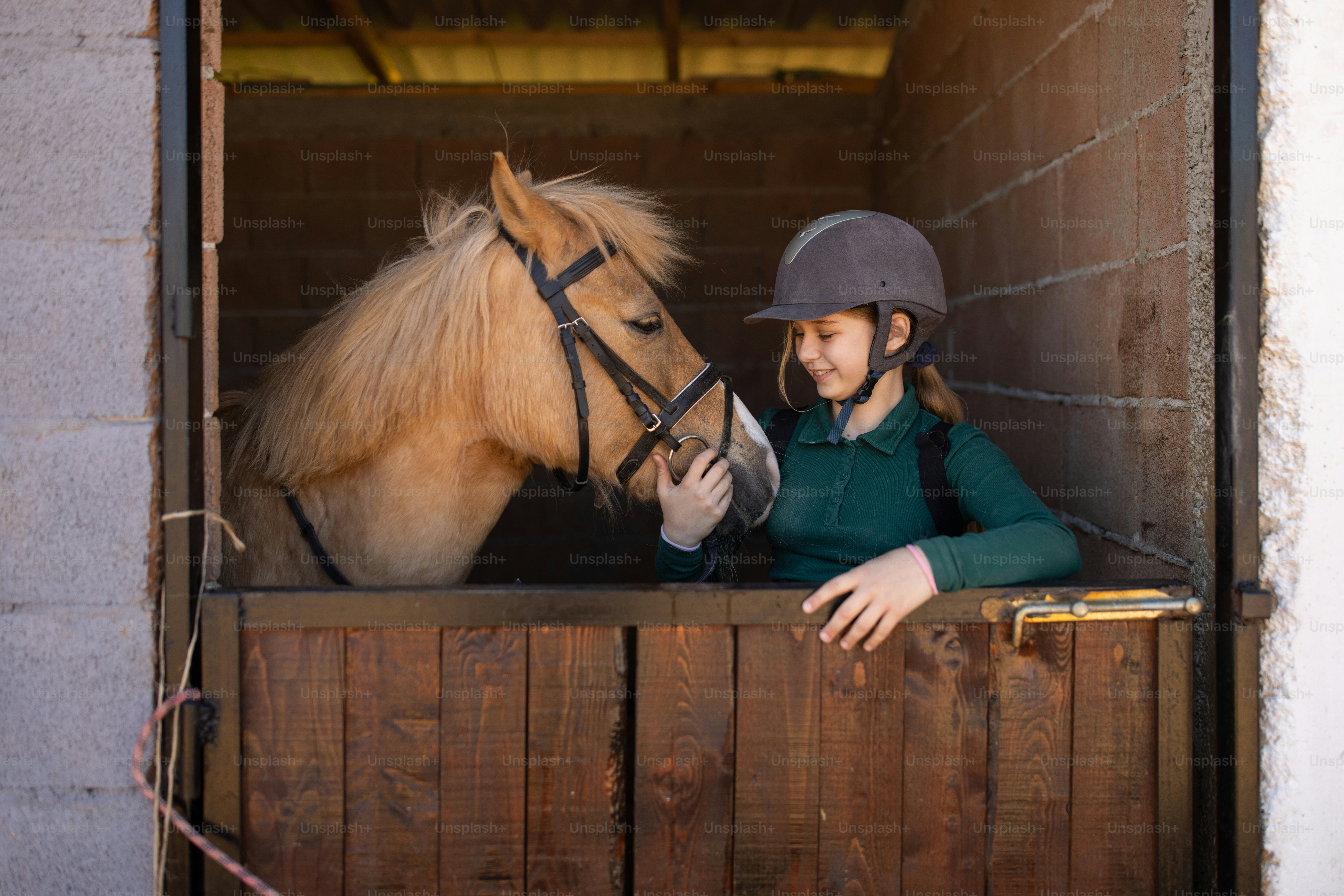Fille debout à côté d’un cheval brun à l’extérieur dans une écurie.
