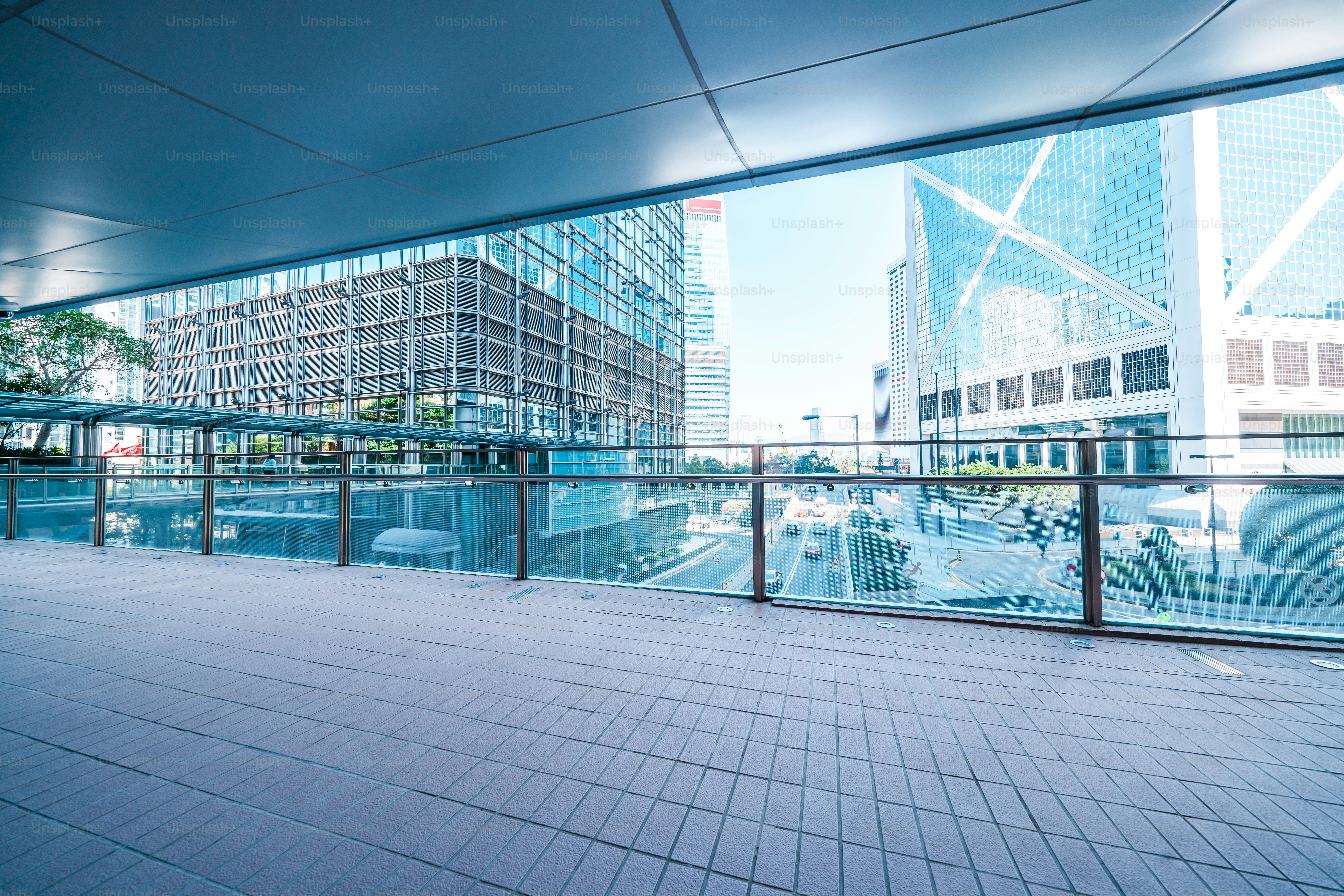 Modern skyscrapers and footbridge in central Hong Kong
