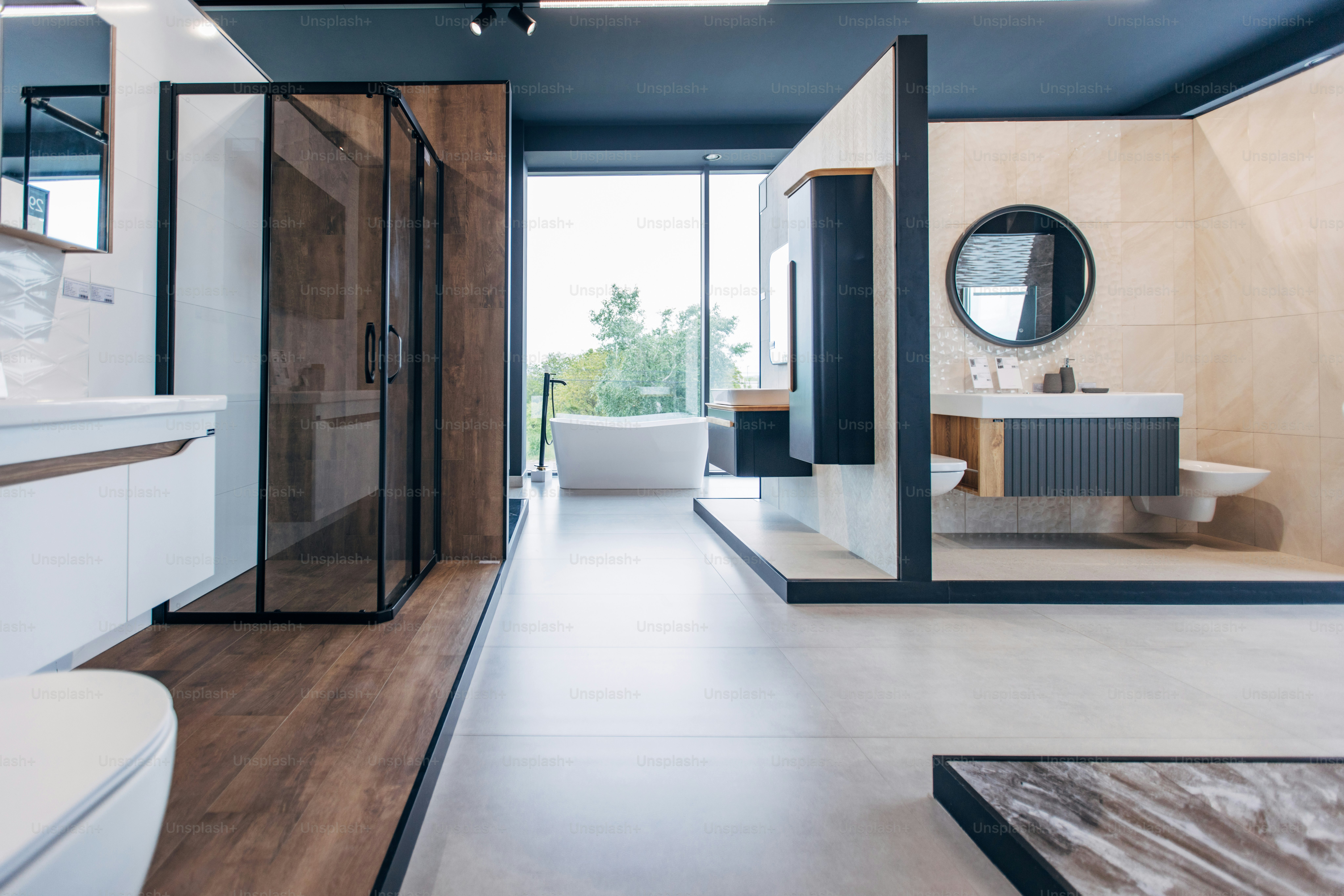 Homeowner comparing waterproof flooring samples for bathroom renovation