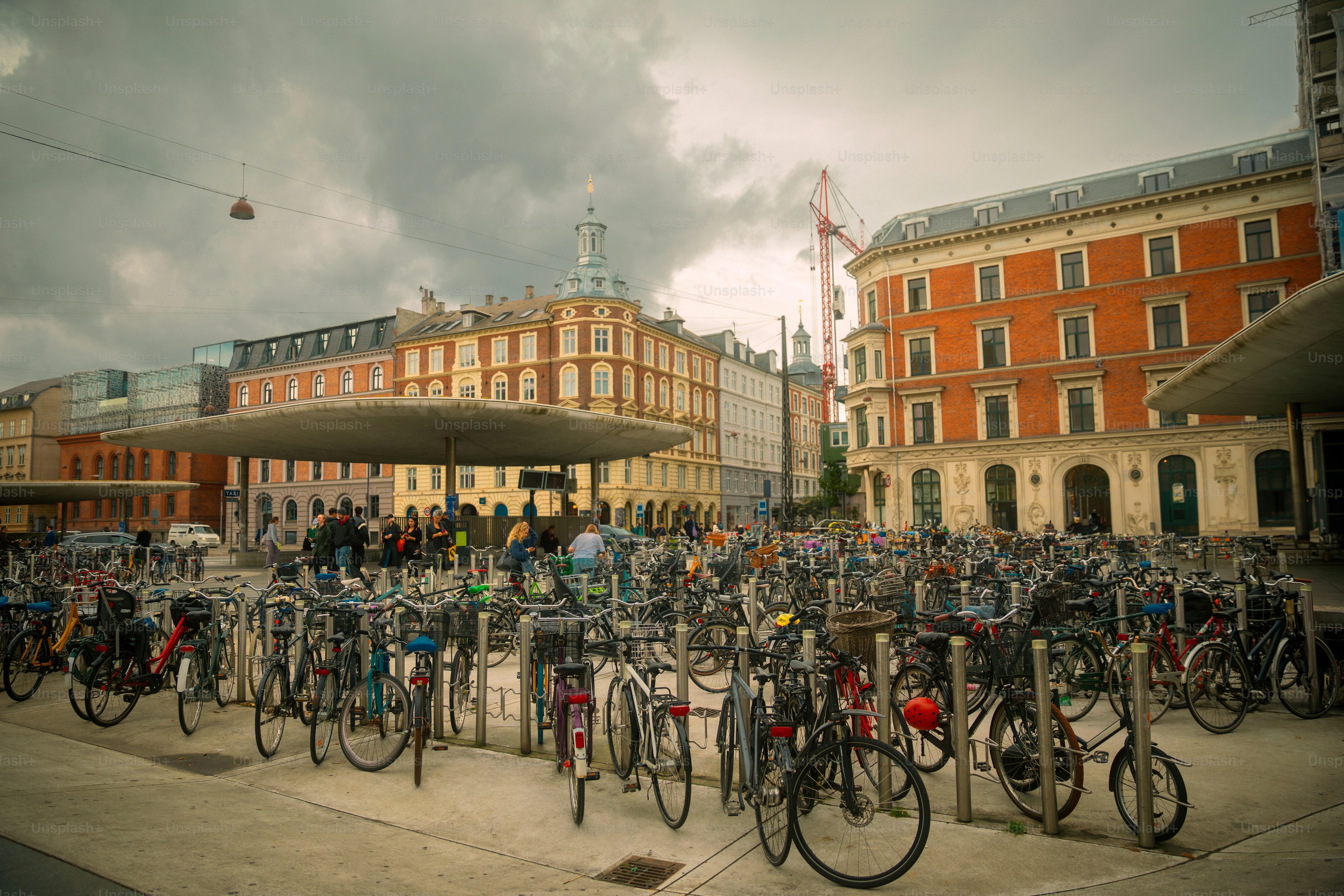 Lots of parked bicycles