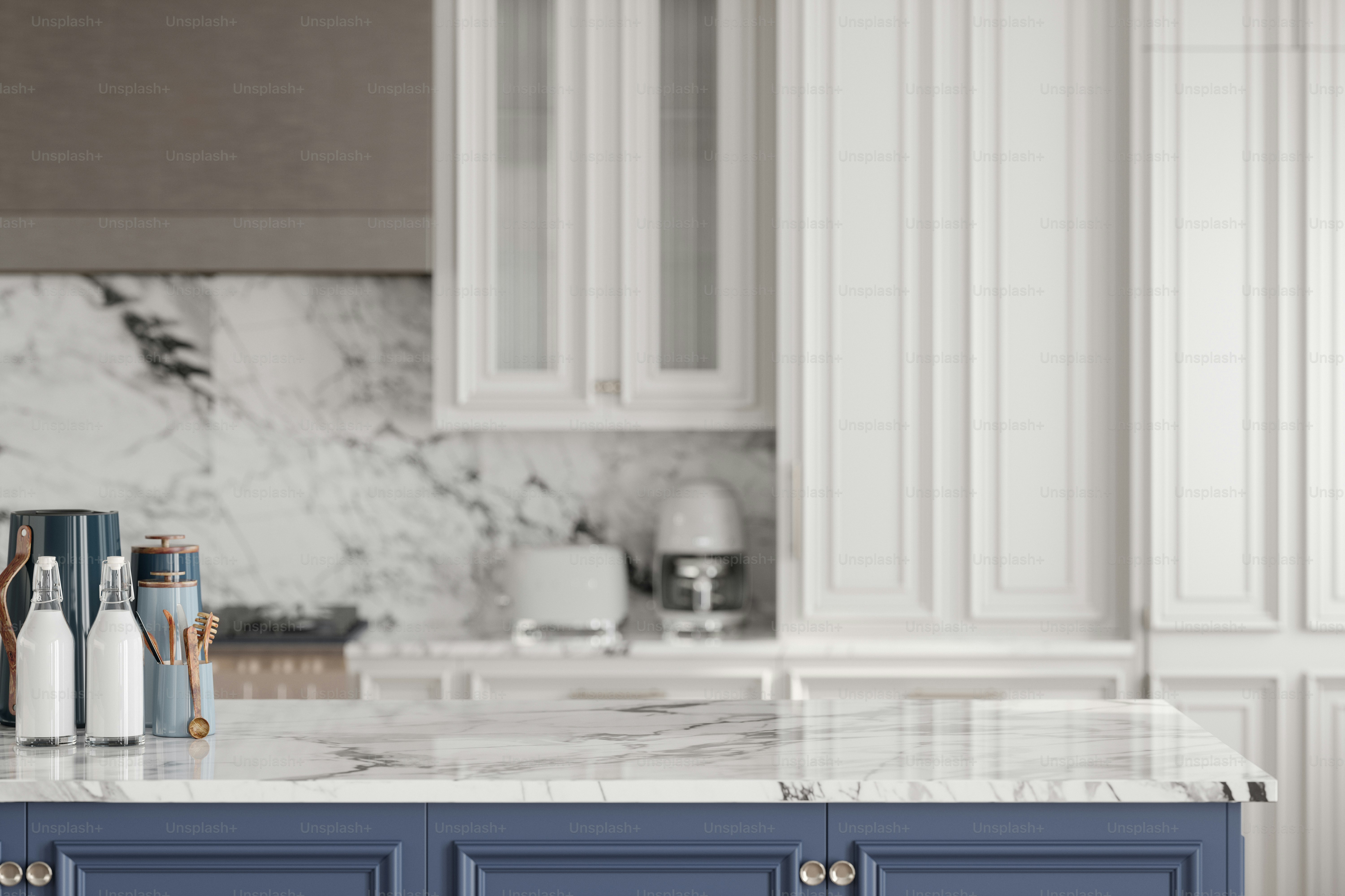 Empty white marble neo-classical kitchen countertop with copy space. Focus on foreground.